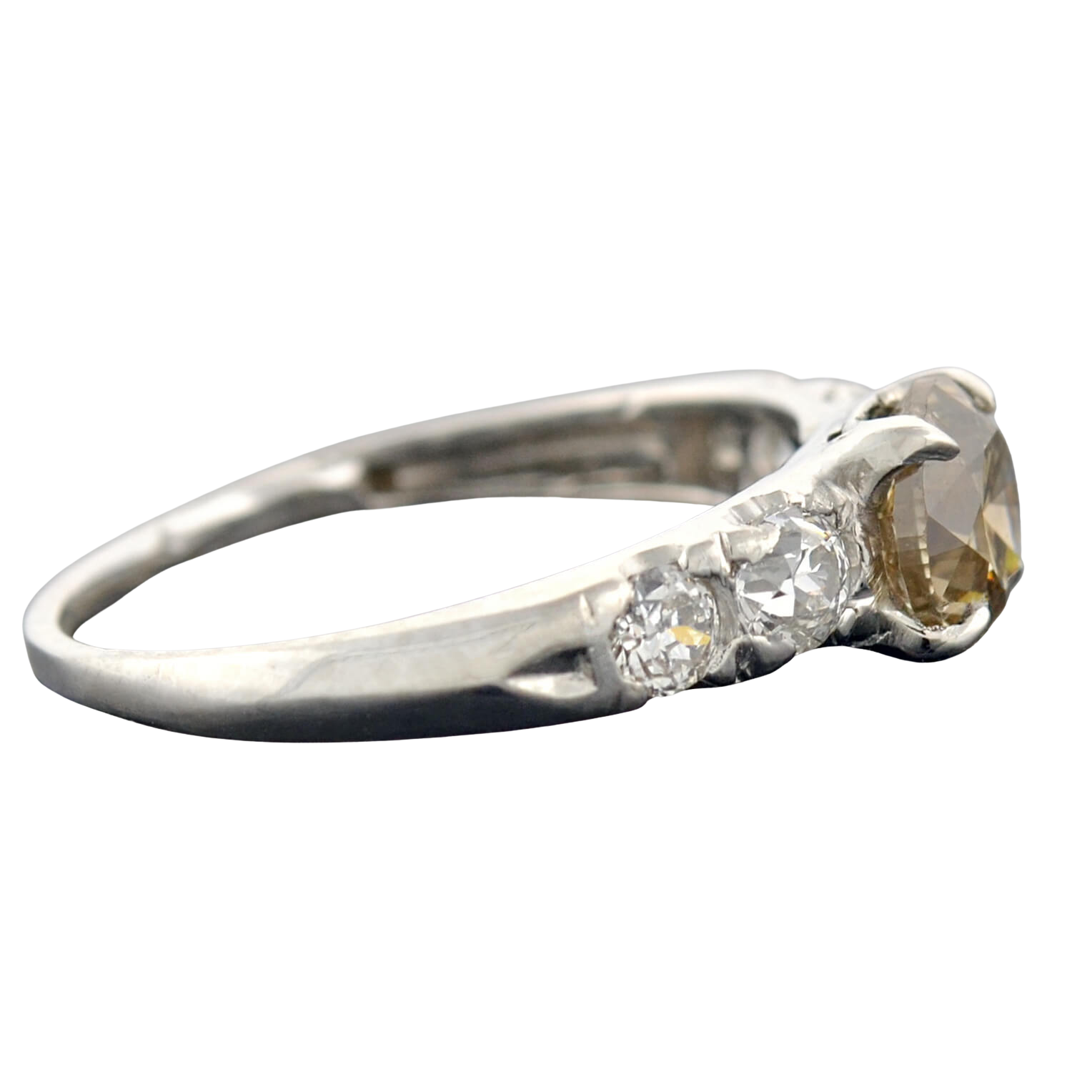Late Art Deco Platinum Champagne Diamond Engagement Ring 1.09ct center