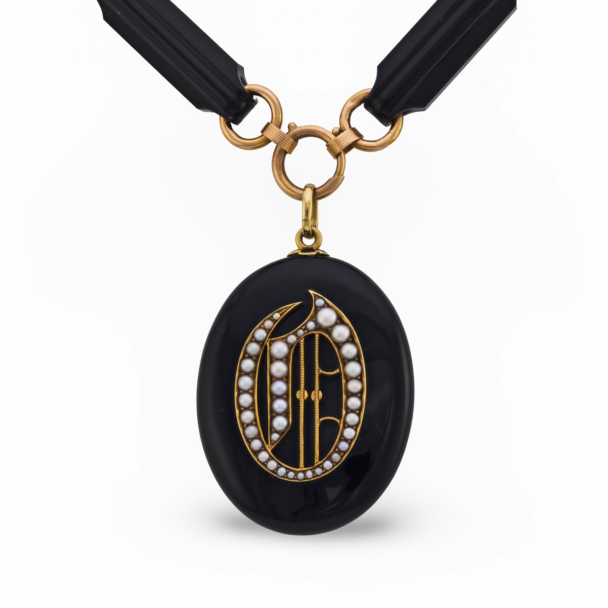 Victorian 14k Jet & Pearl Locket Pendant Necklace