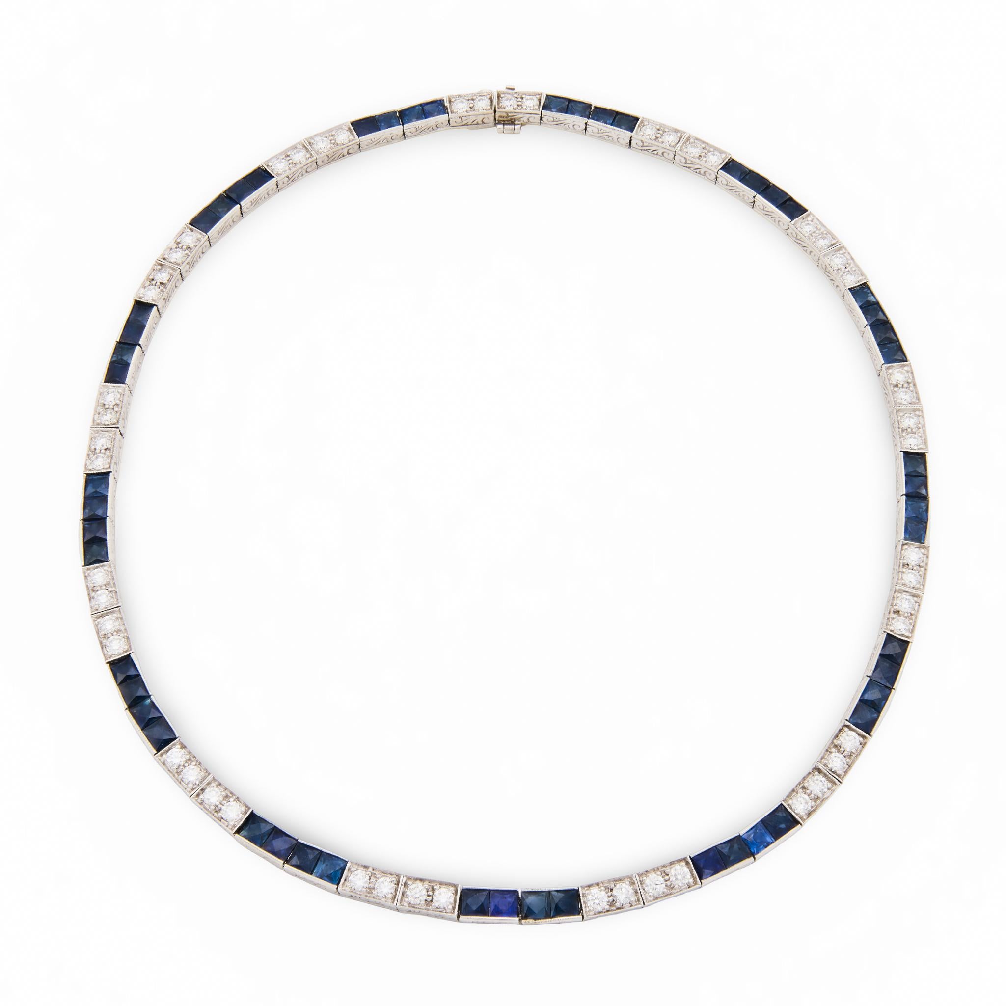 Art Deco 14k Diamond & Sapphire Tennis Necklace