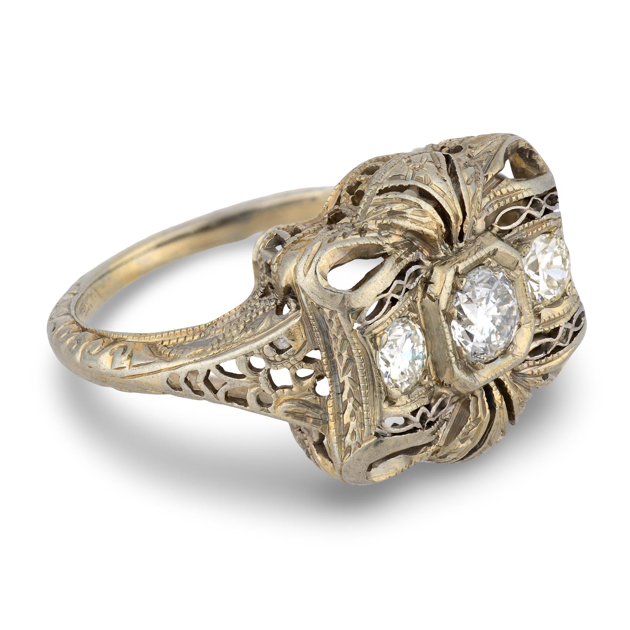Art Deco 18k Diamond Bow-Motif Ring