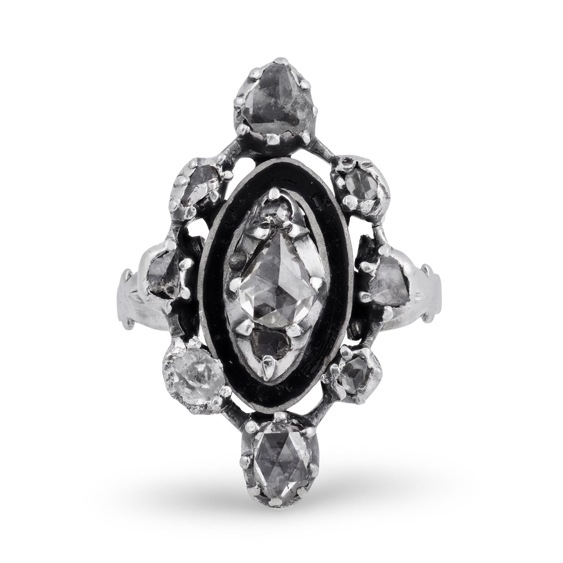 Georgian Sterling Silver Diamond & Enamel Navette Ring