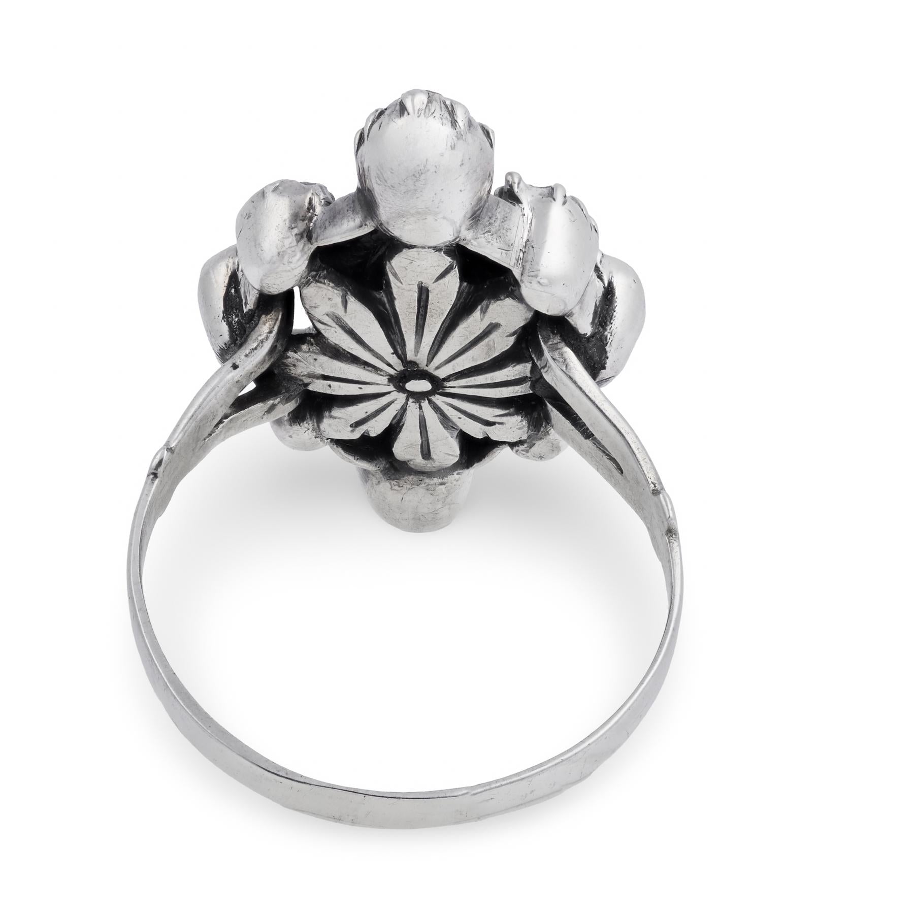 Georgian Sterling Silver Diamond & Enamel Navette Ring