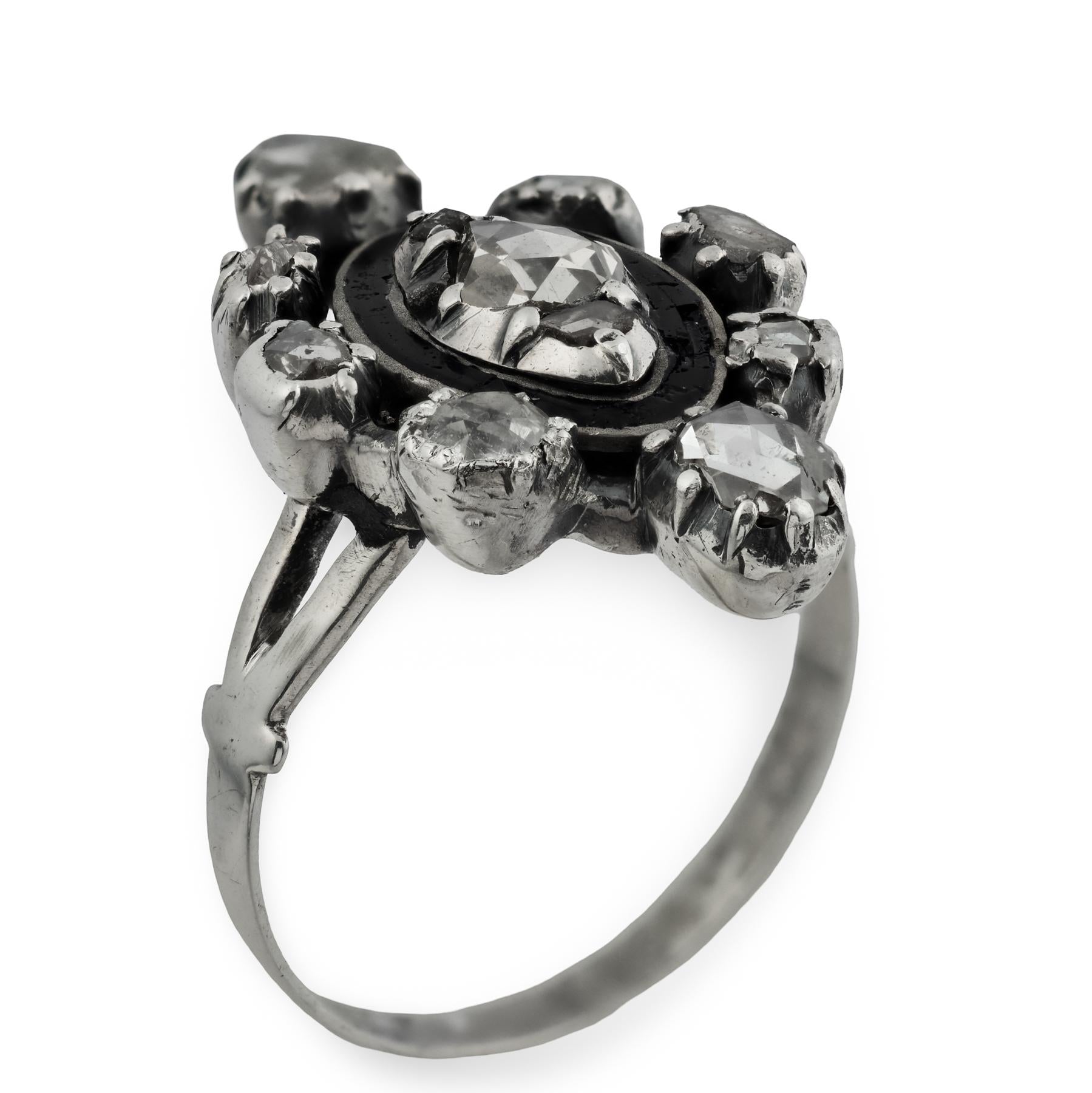 Georgian Sterling Silver Diamond & Enamel Navette Ring