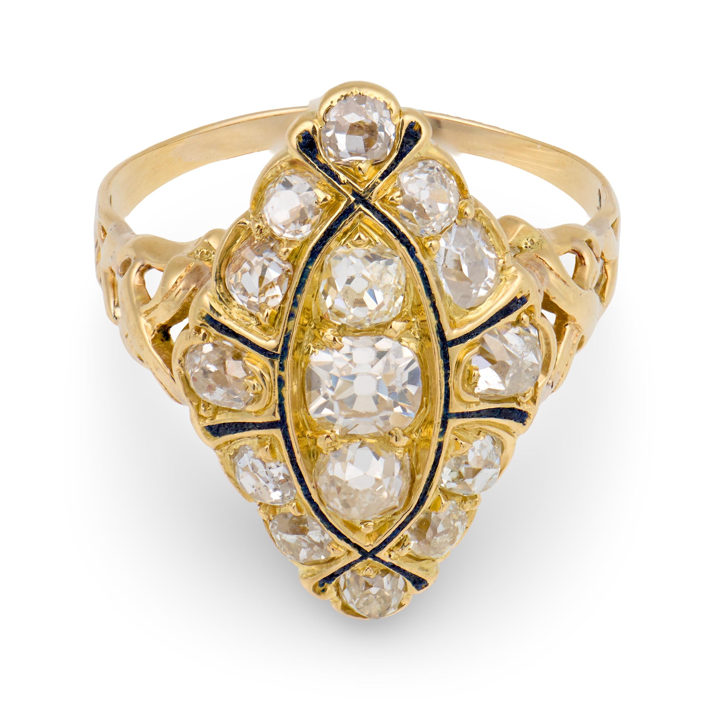 Victorian 18k Diamond & Enamel Navette Ring