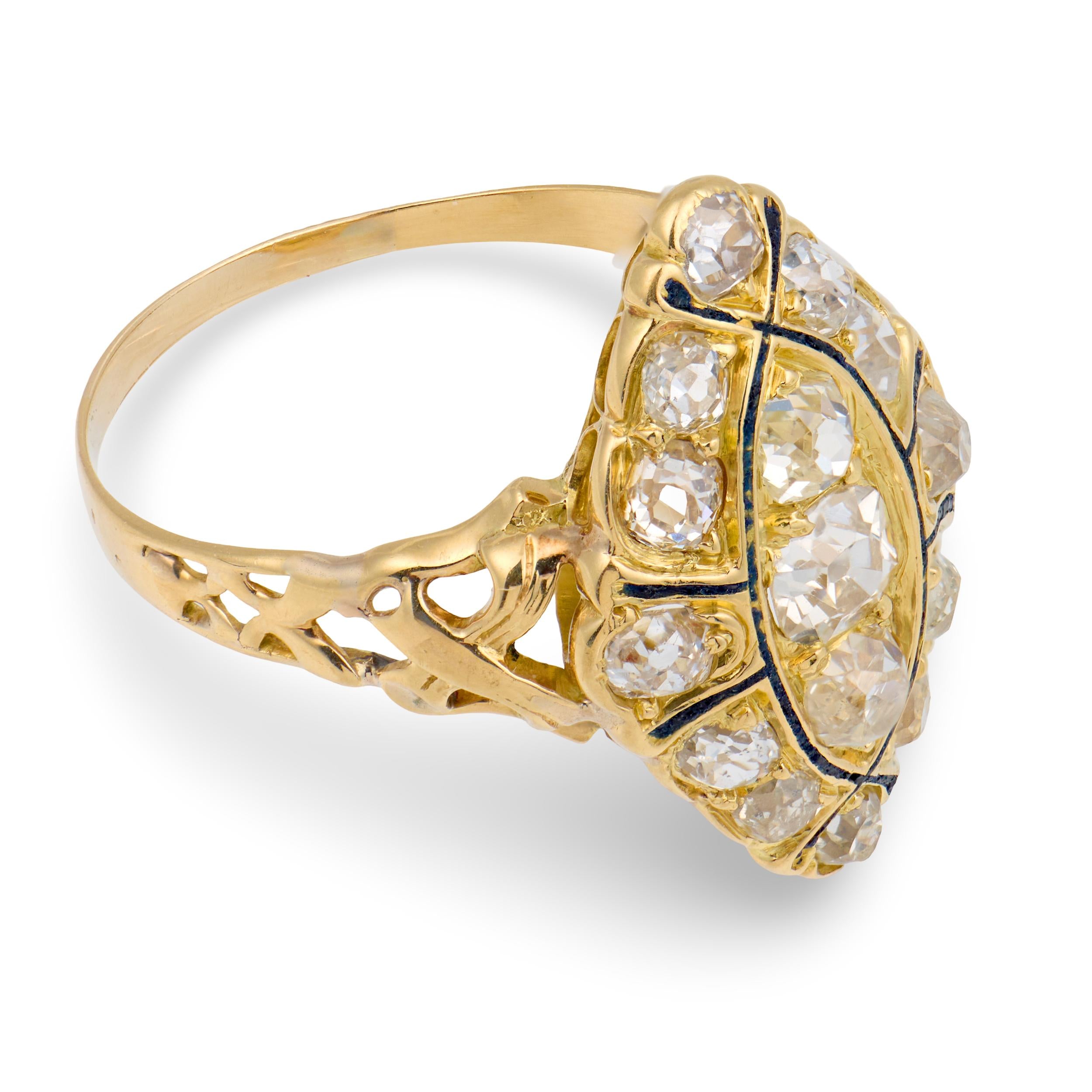 Victorian 18k Diamond & Enamel Navette Ring