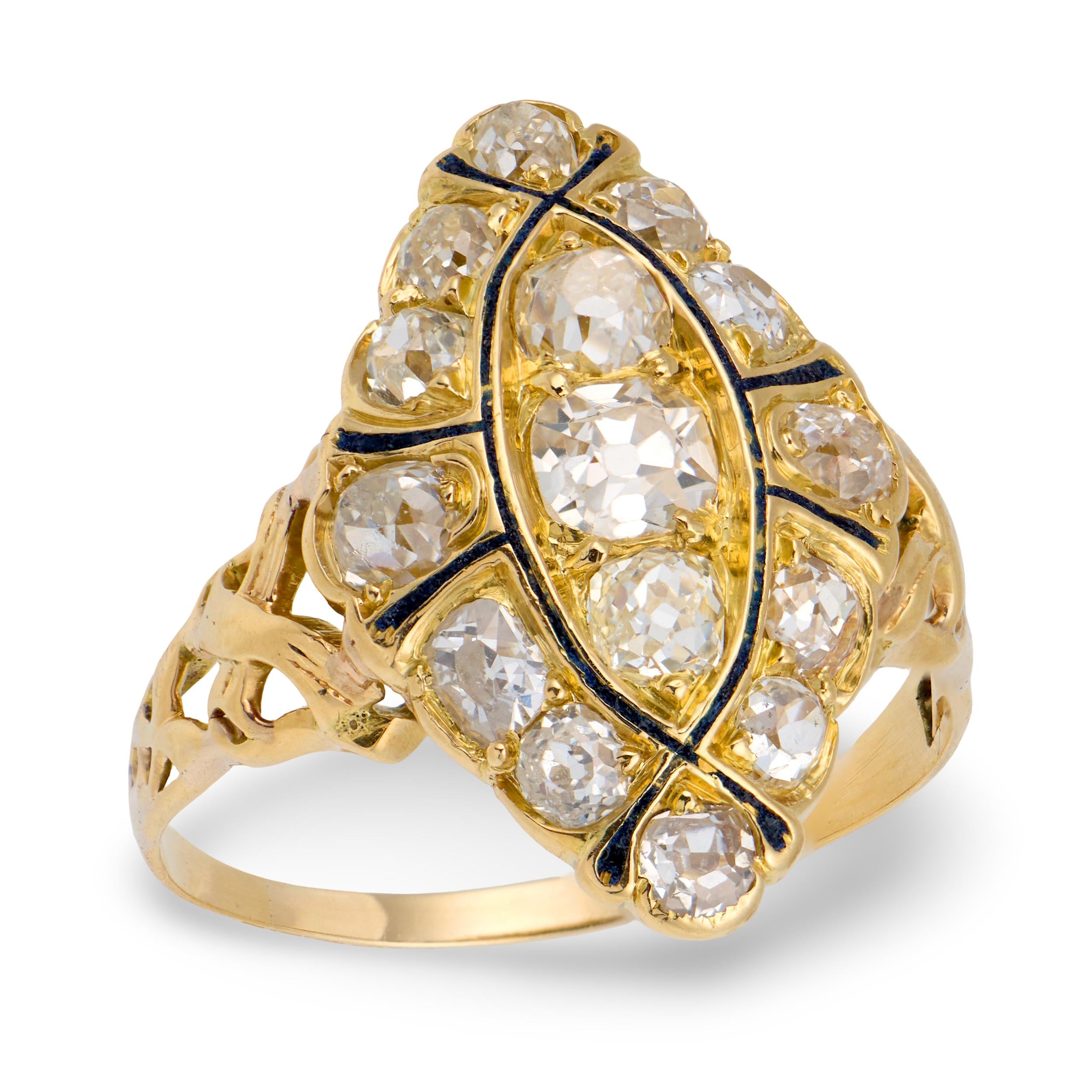 Victorian 18k Diamond & Enamel Navette Ring