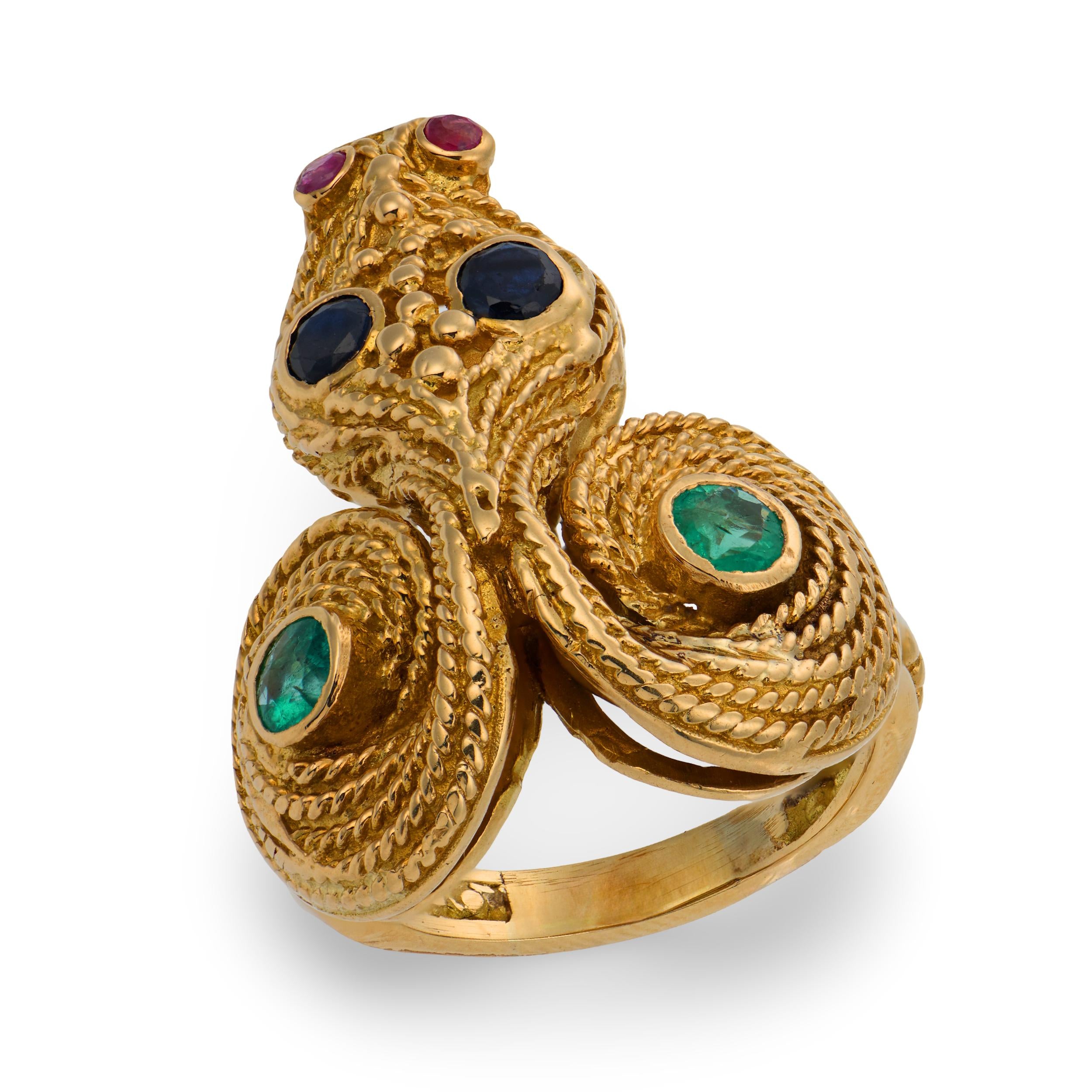 LALOUNIS Estate Greek 18k Sapphire, Ruby, & Emerald Snake Ring