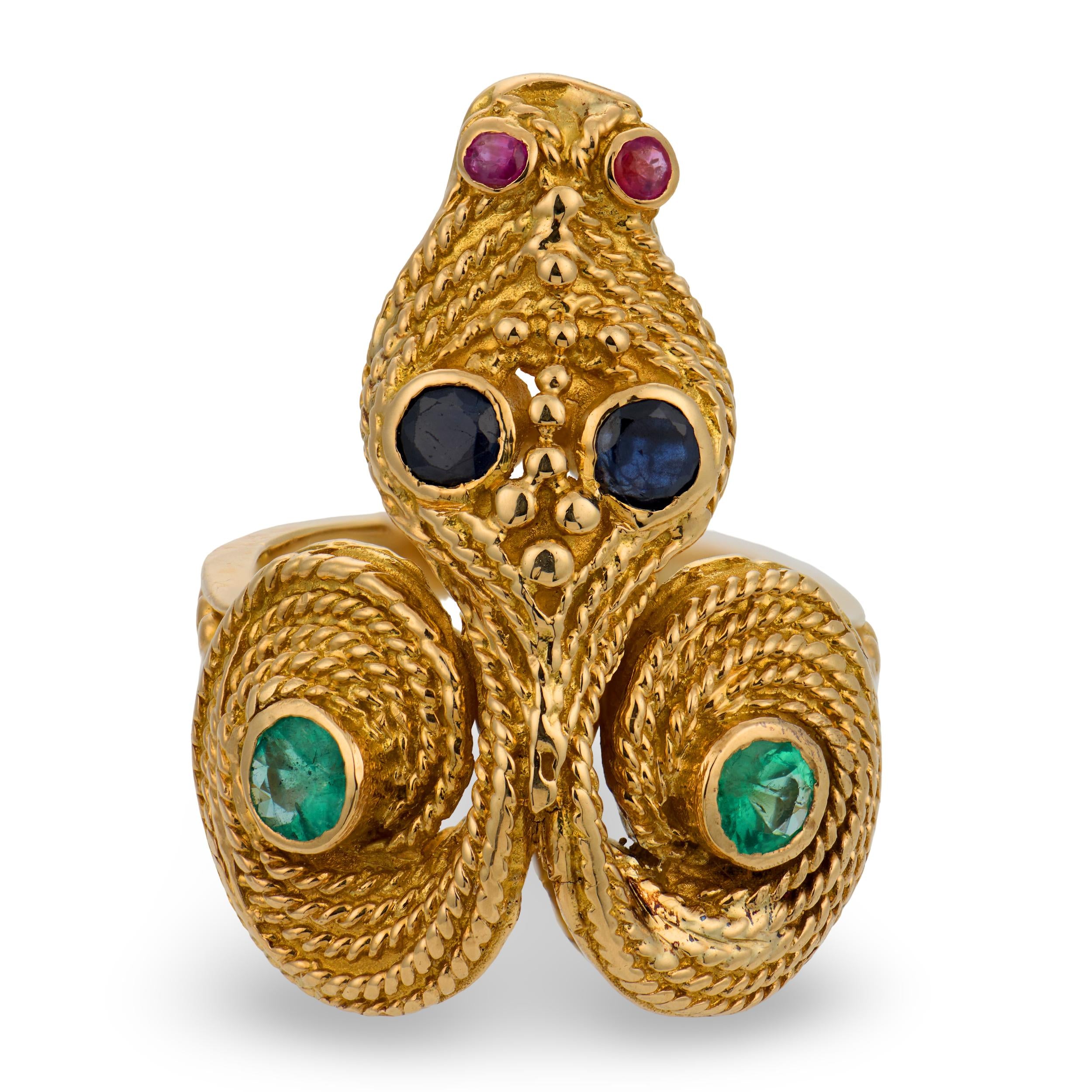 LALOUNIS Estate Greek 18k Sapphire, Ruby, & Emerald Snake Ring