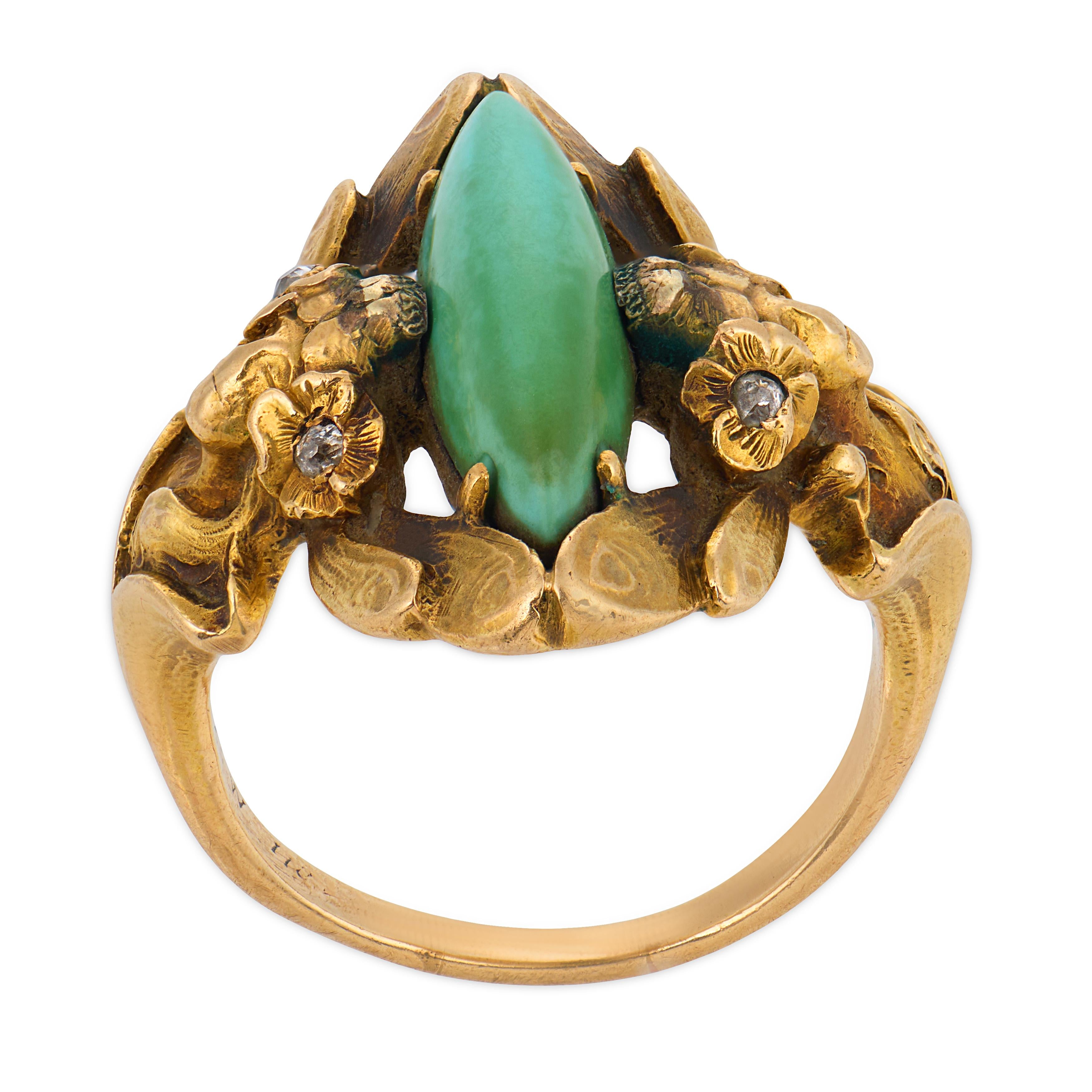 Art Nouveau 14k Turquoise & Diamond Navette Ring