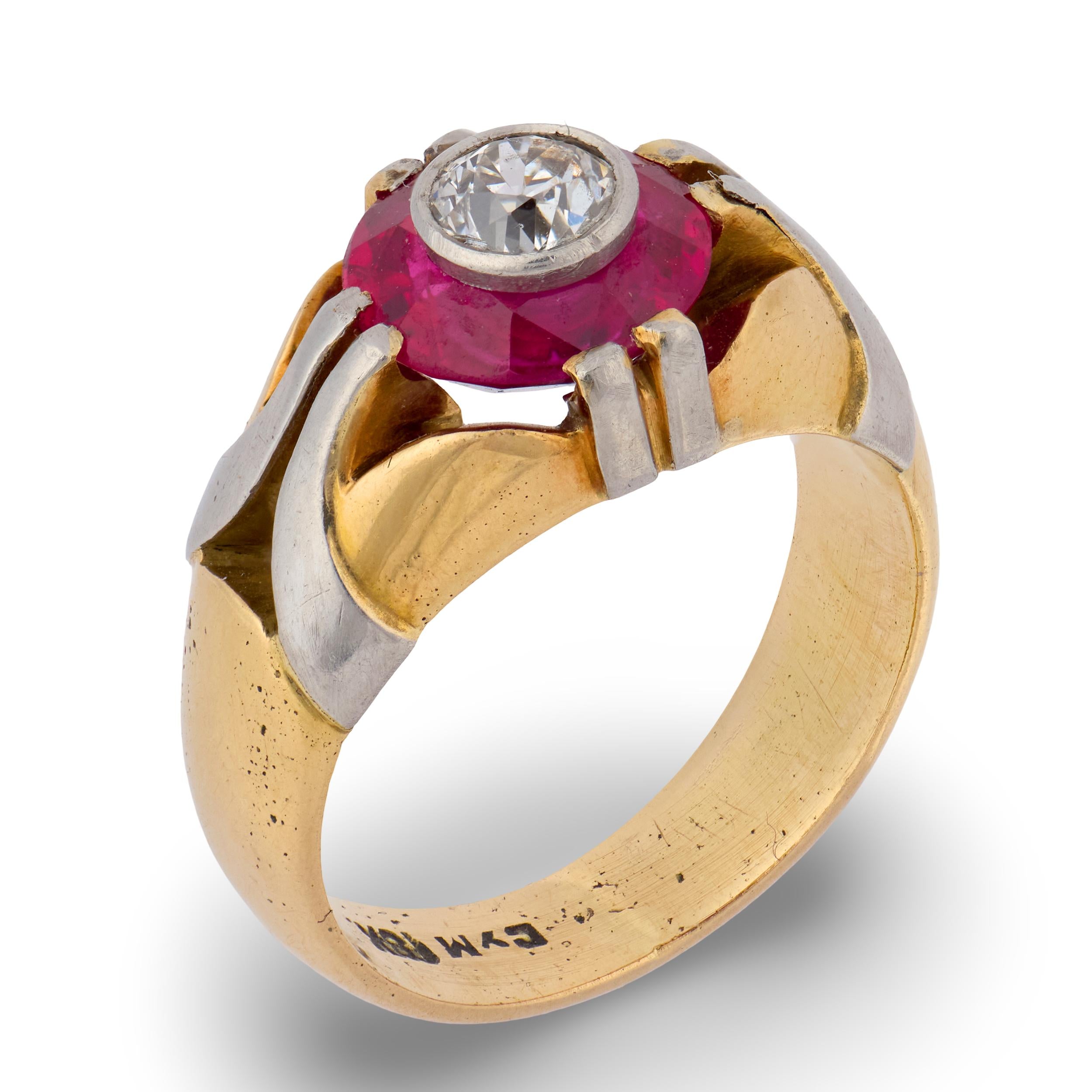 Edwardian 18k Diamond & Ruby Engagement Ring .40ct