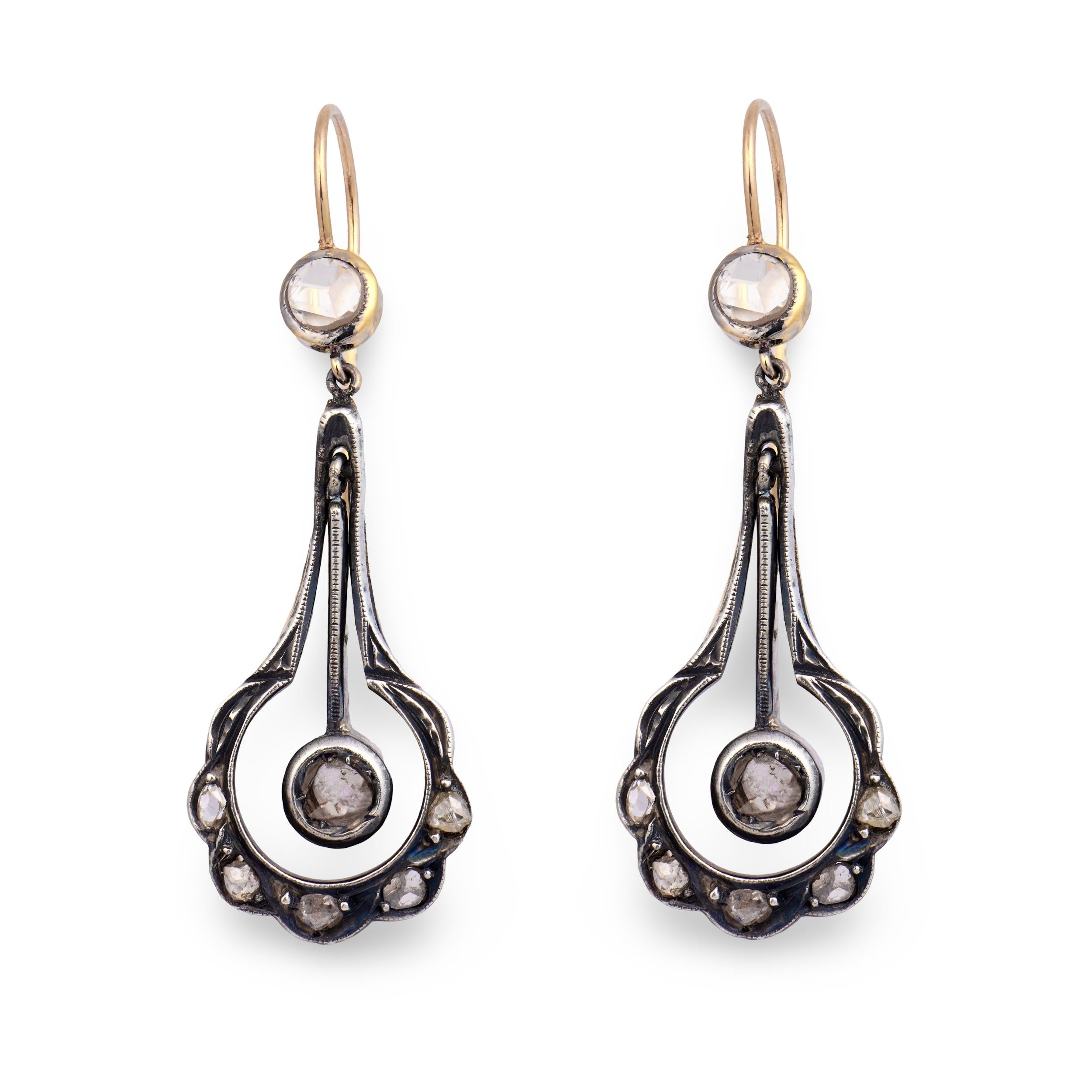Victorian 14k/Sterling Silver Diamond Drop Earrings