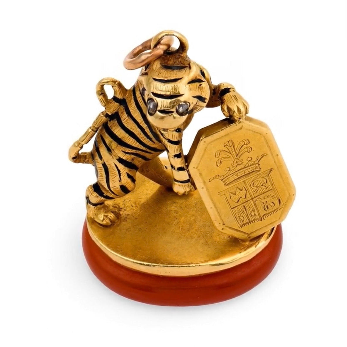Victorian French 18k Carnelian, Diamond, & Enamel Tiger Fob