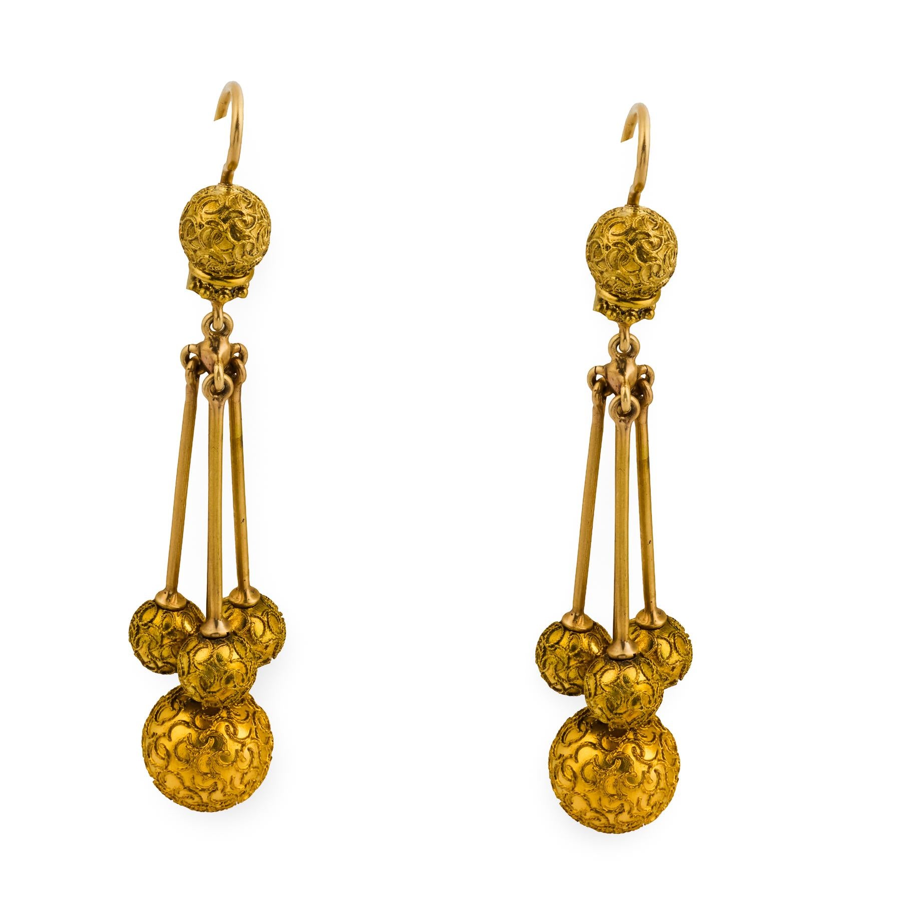 Victorian 14k Etruscan Ball-Motif Dangle Earrings