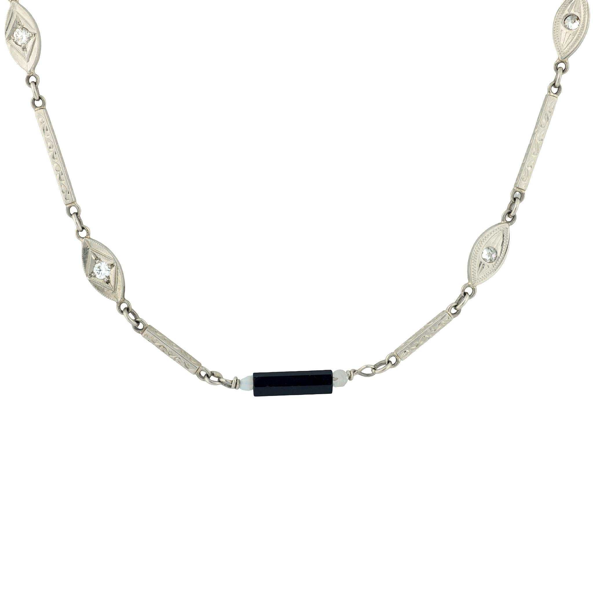 Art Deco 14k Diamond, Onyx, and Agate Chain Necklace