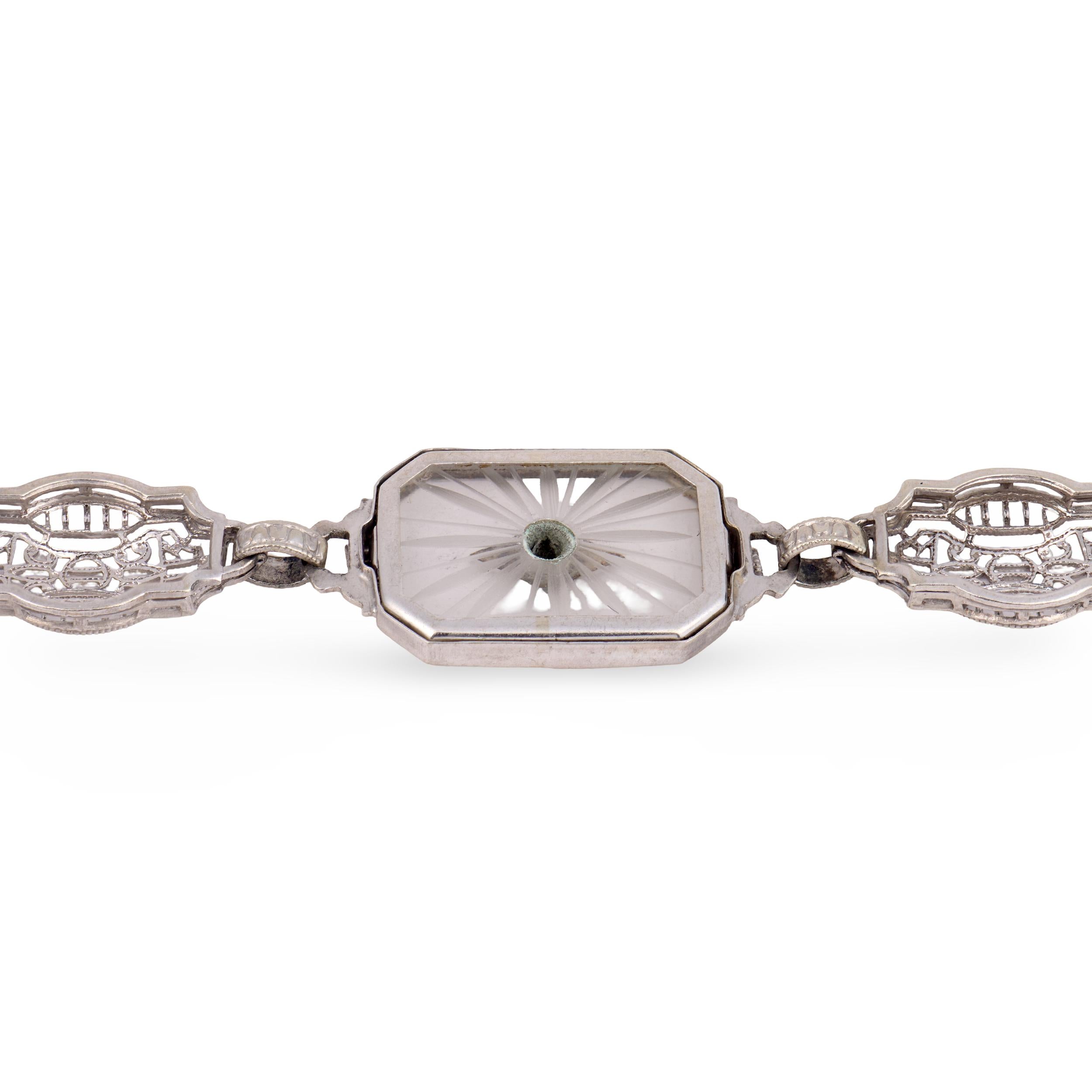 Art Deco 14k Rock Quartz Crystal & Diamond Belly Line Bracelet