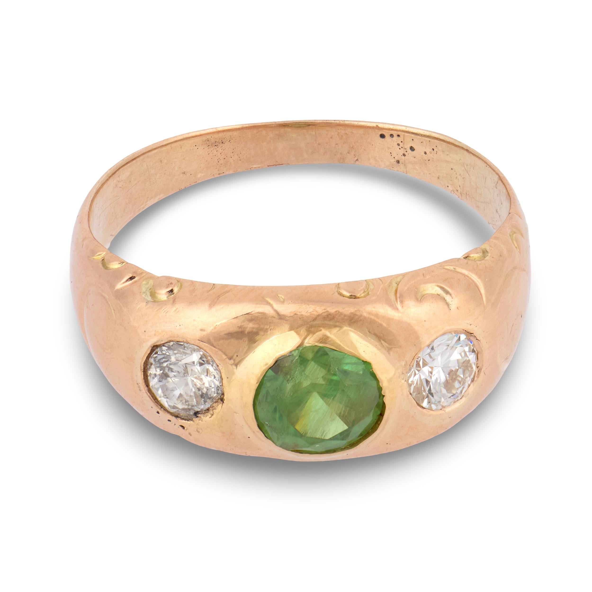 Art Nouveau 14k Demantoid Garnet & Diamond Three Stone Ring