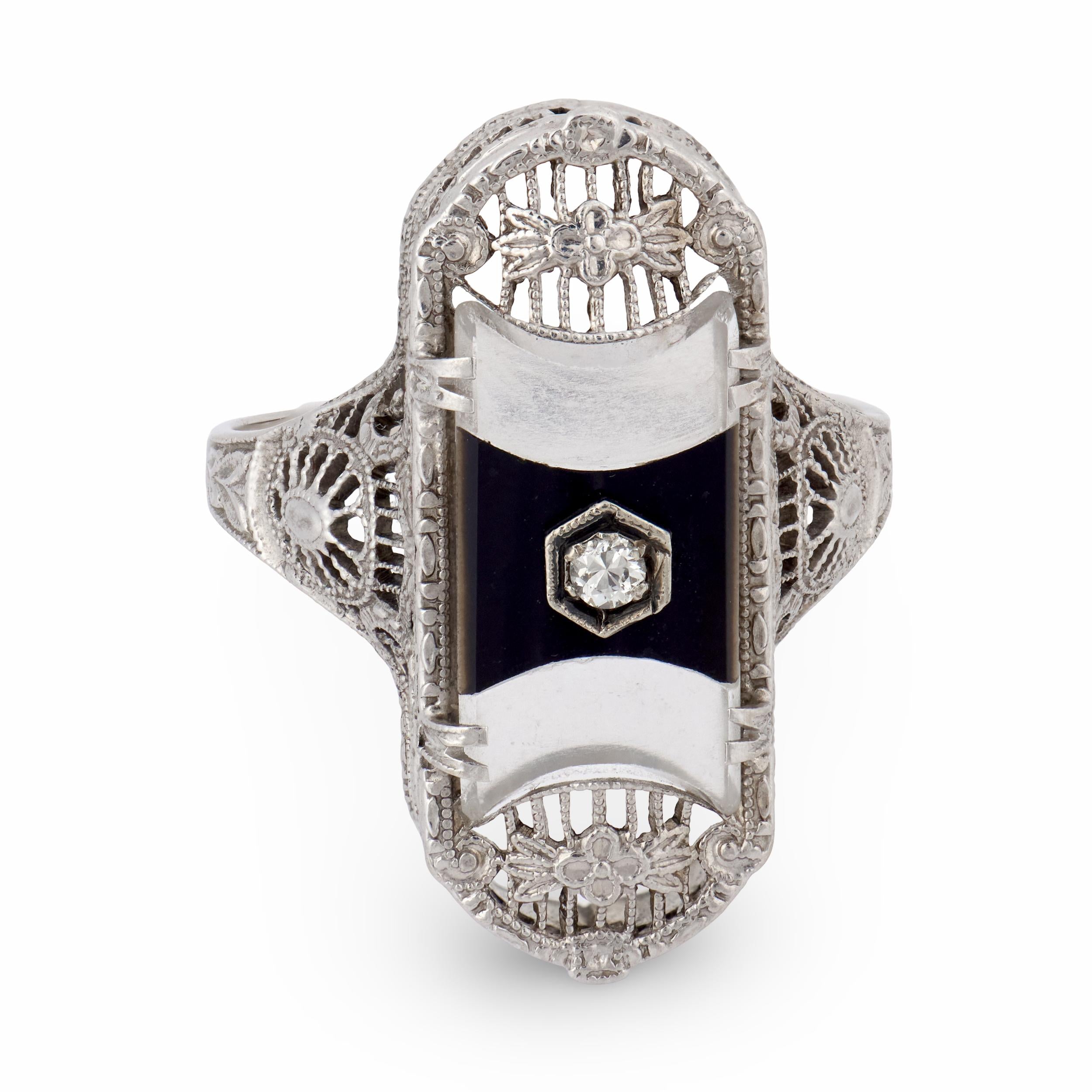 Art Deco 14k Rock Quartz Crystal, Onyx, & Diamond Navette Ring