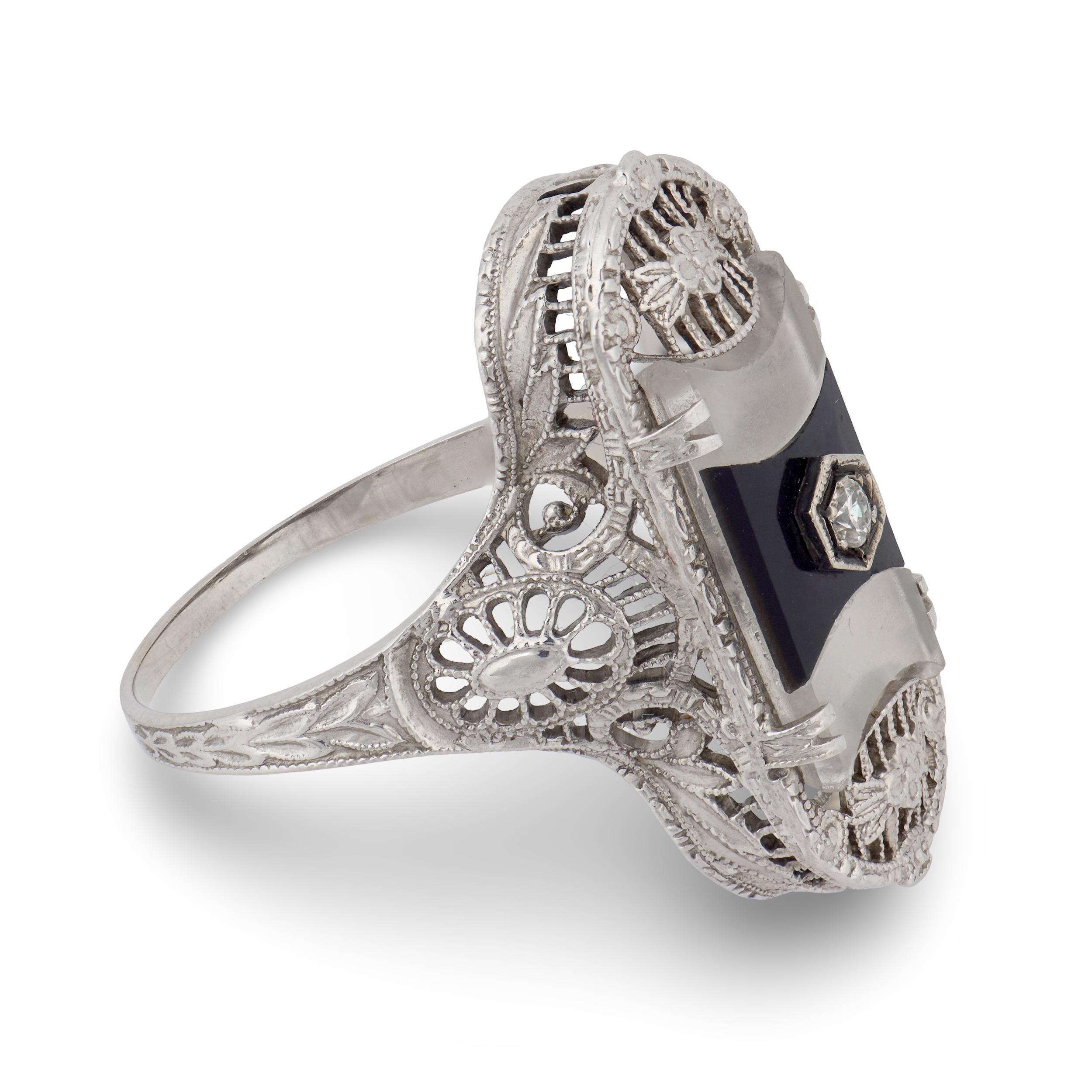 Art Deco 14k Rock Quartz Crystal, Onyx, & Diamond Navette Ring