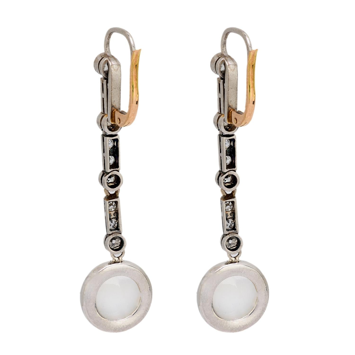 Edwardian 18k/Platinum Moonstone and Diamond Drop Earrings