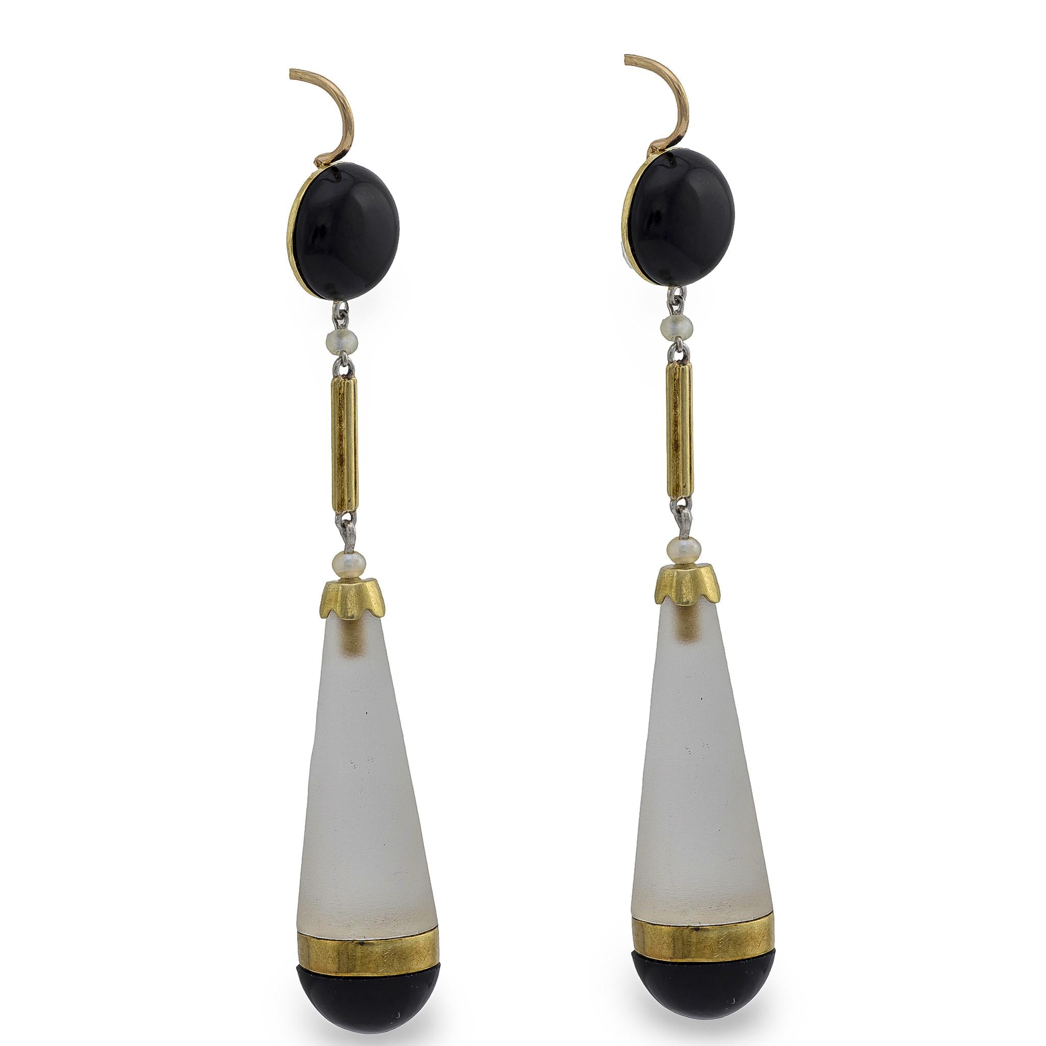 Victorian 14k Rock Quartz Crystal Onyx and Seed Pearl Drop Earrings
