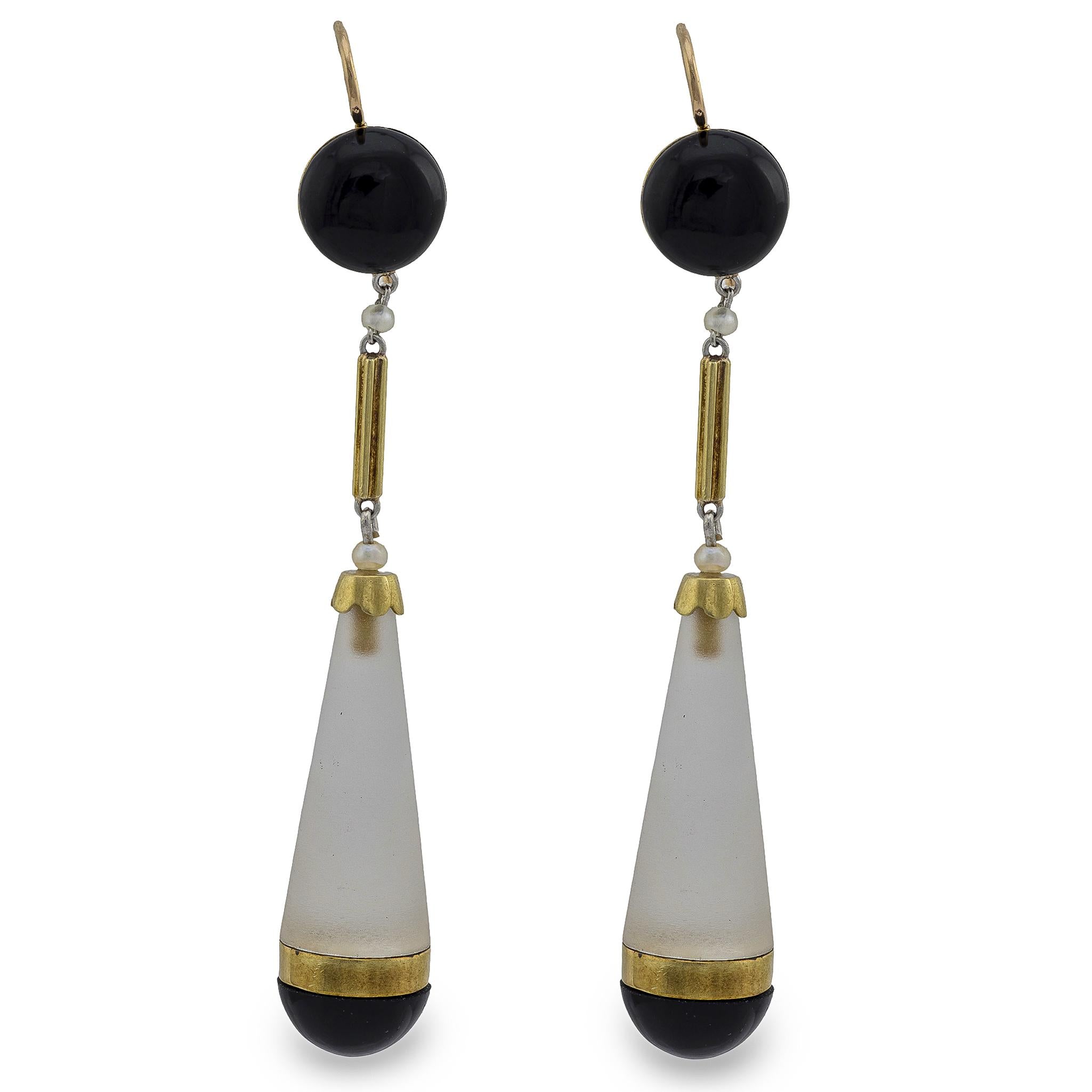 Victorian 14k Rock Quartz Crystal Onyx and Seed Pearl Drop Earrings