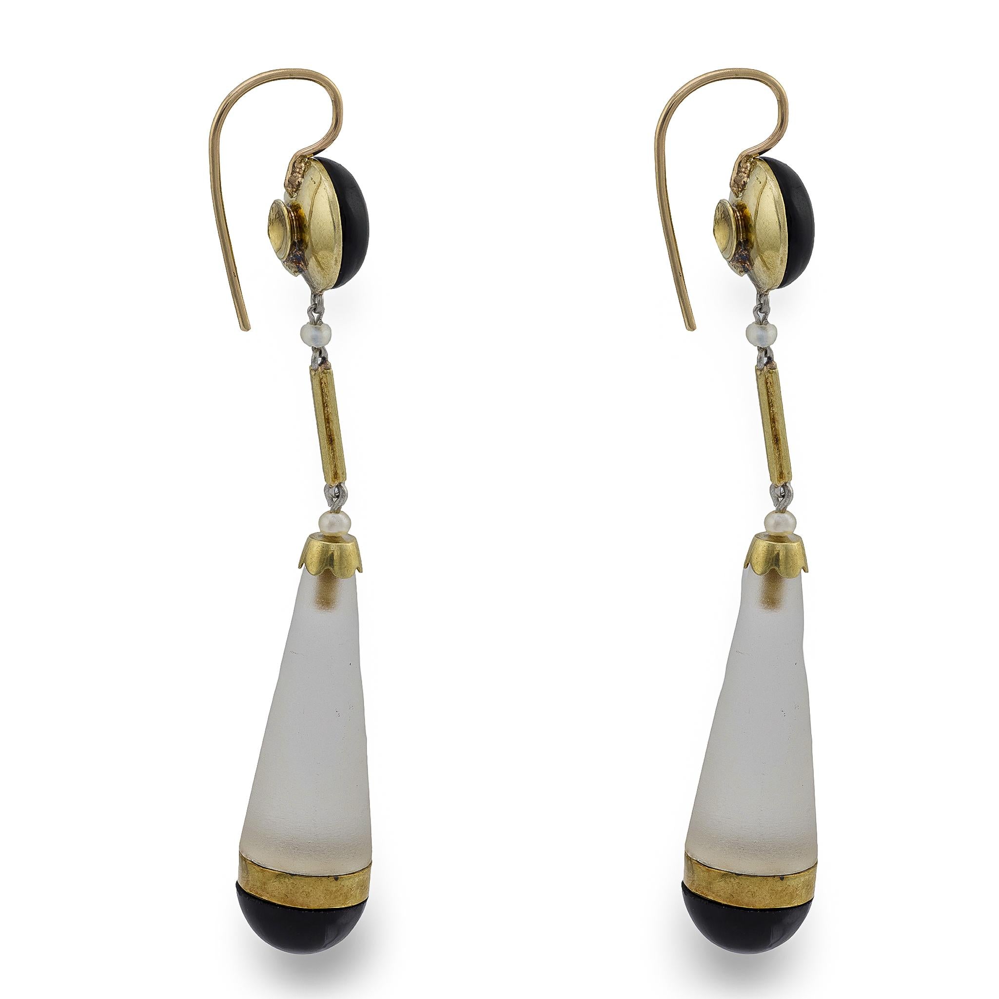 Victorian 14k Rock Quartz Crystal Onyx and Seed Pearl Drop Earrings