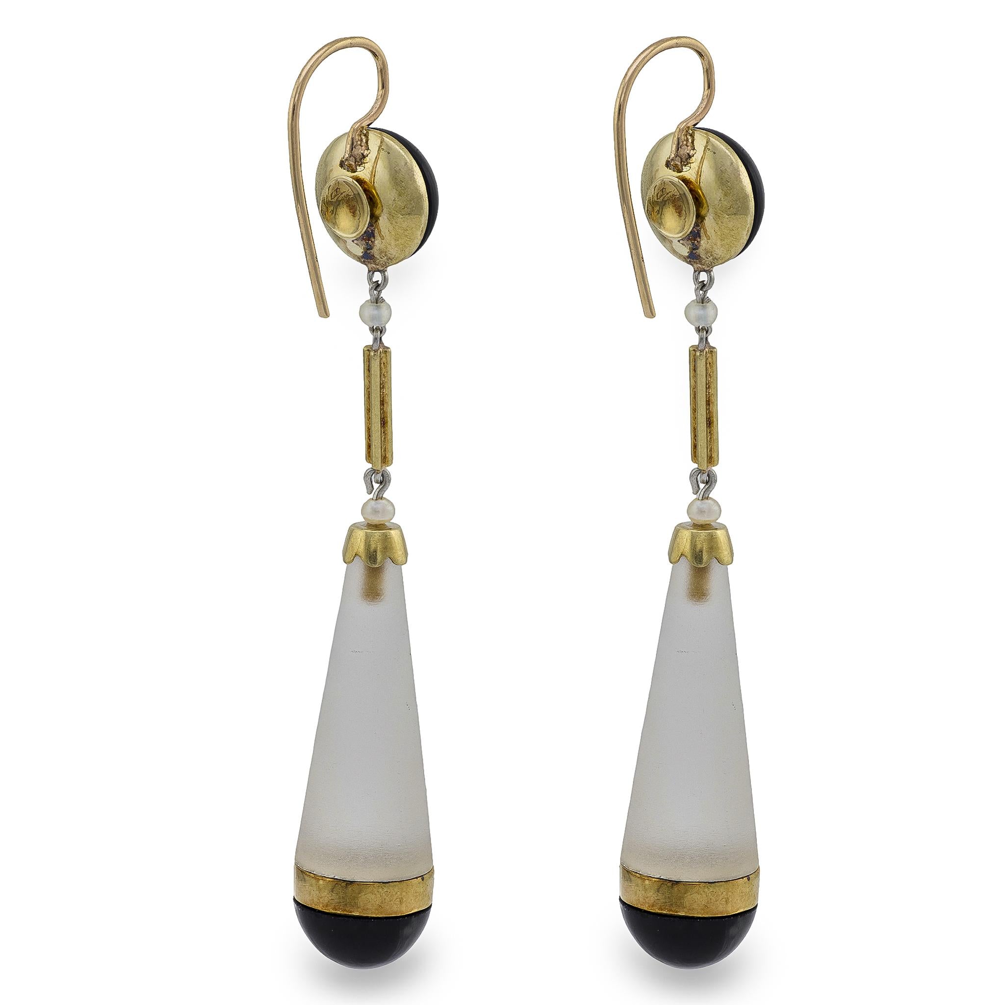 Victorian 14k Rock Quartz Crystal Onyx and Seed Pearl Drop Earrings