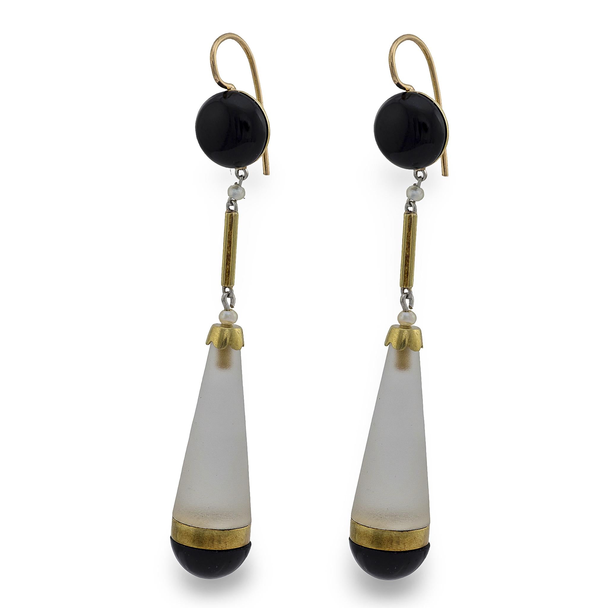 Victorian 14k Rock Quartz Crystal Onyx and Seed Pearl Drop Earrings