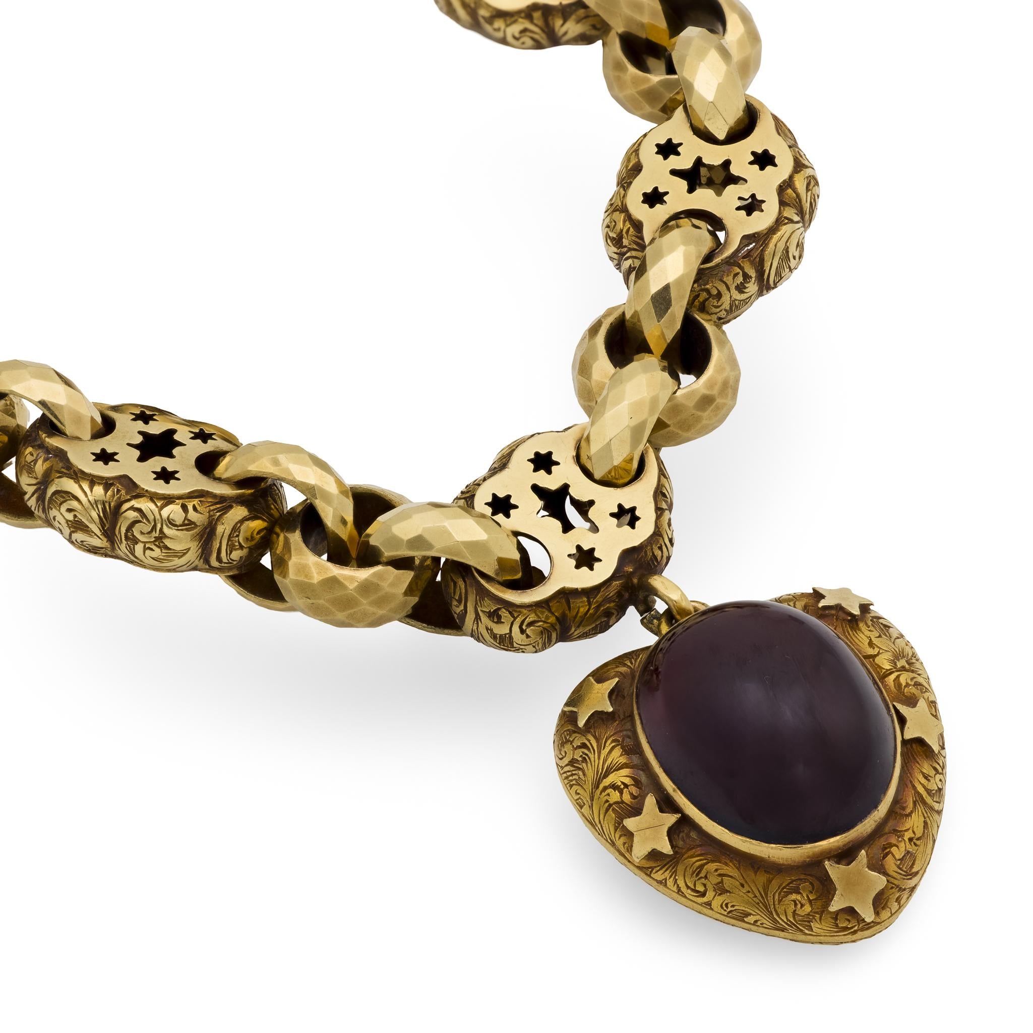 Georgian 15k Repoussé Garnet Heart-Motif Locket Bracelet