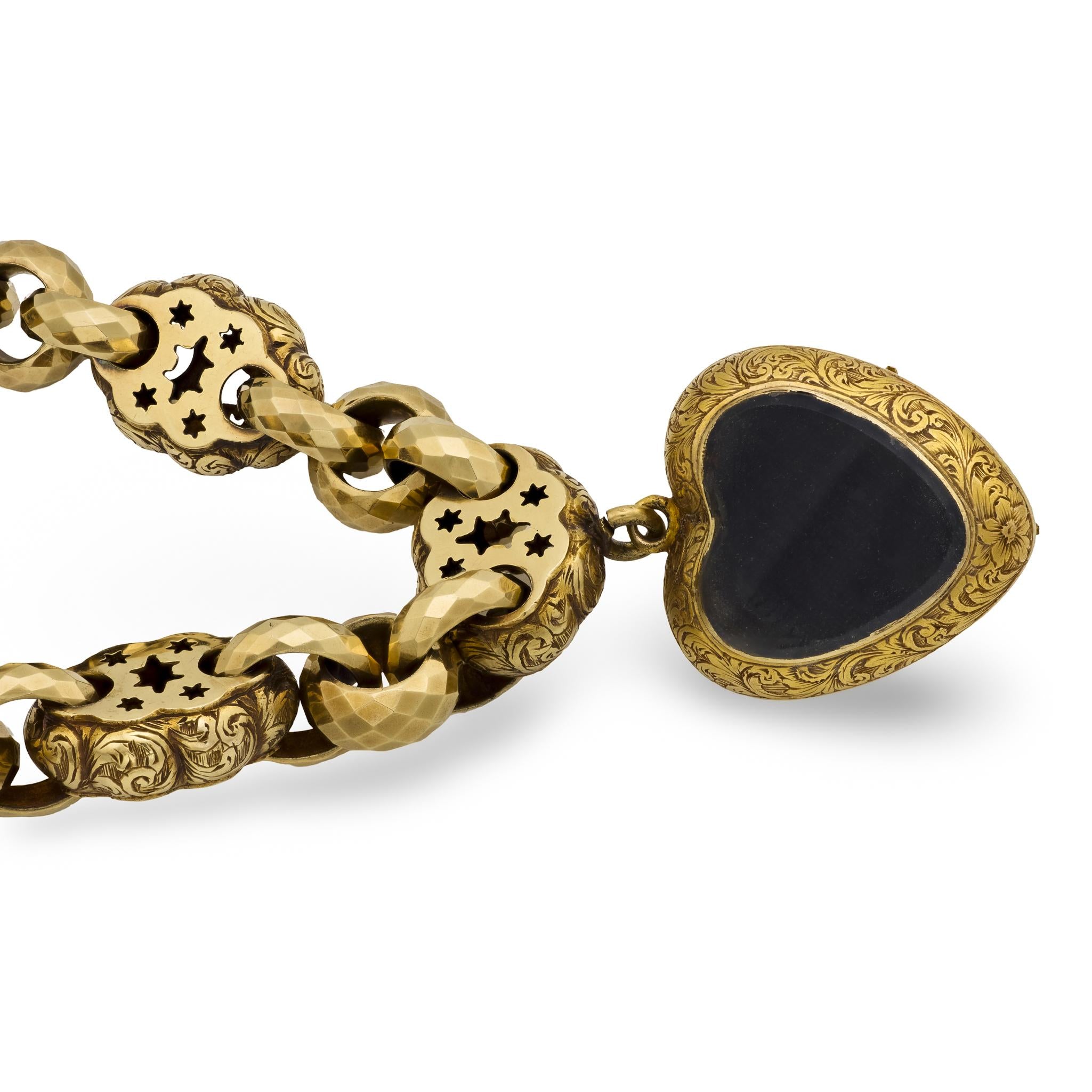Georgian 15k Repoussé Garnet Heart-Motif Locket Bracelet