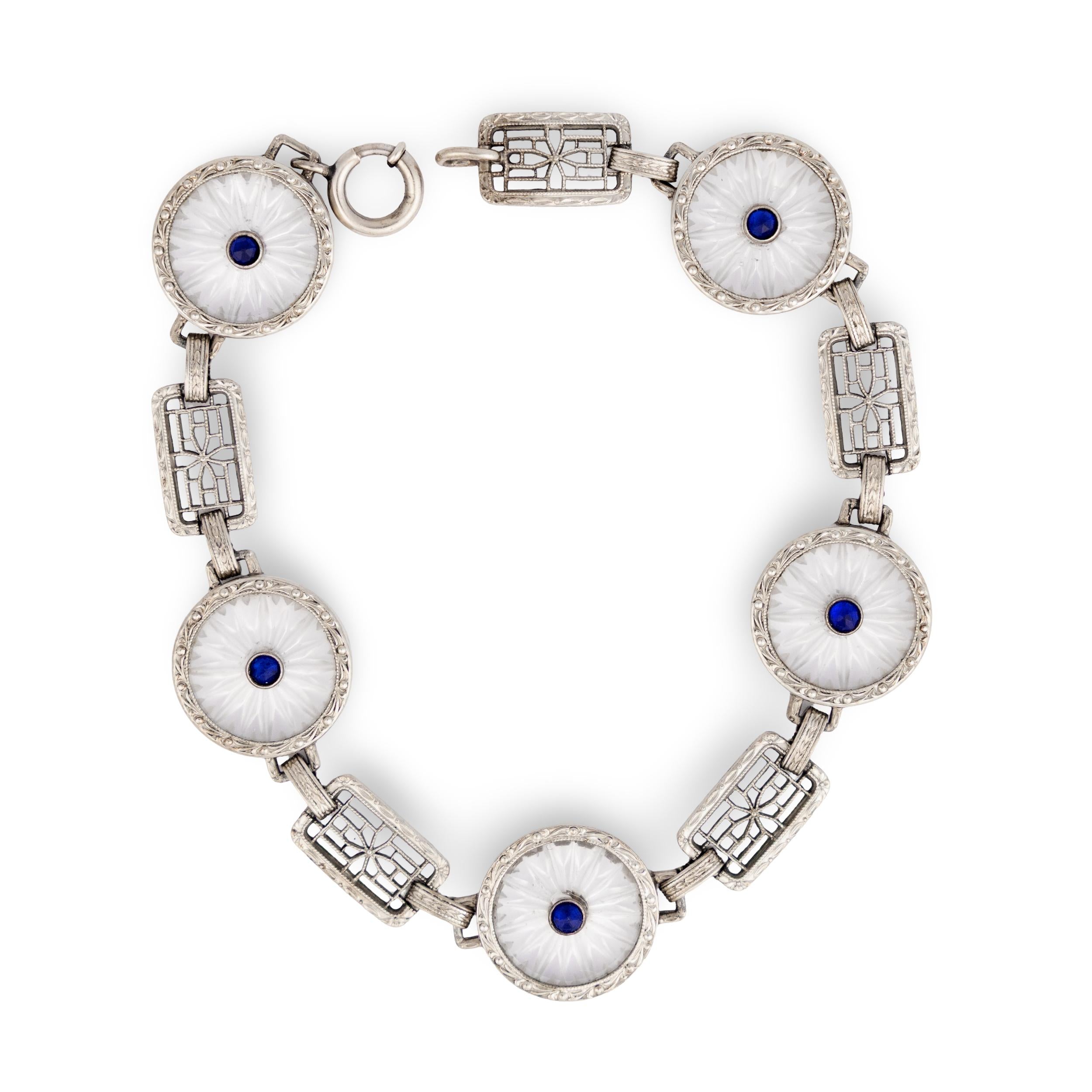 KREMENTZ & CO. Art Deco 14k Rock Quartz Crystal & Sapphire Line Bracelet