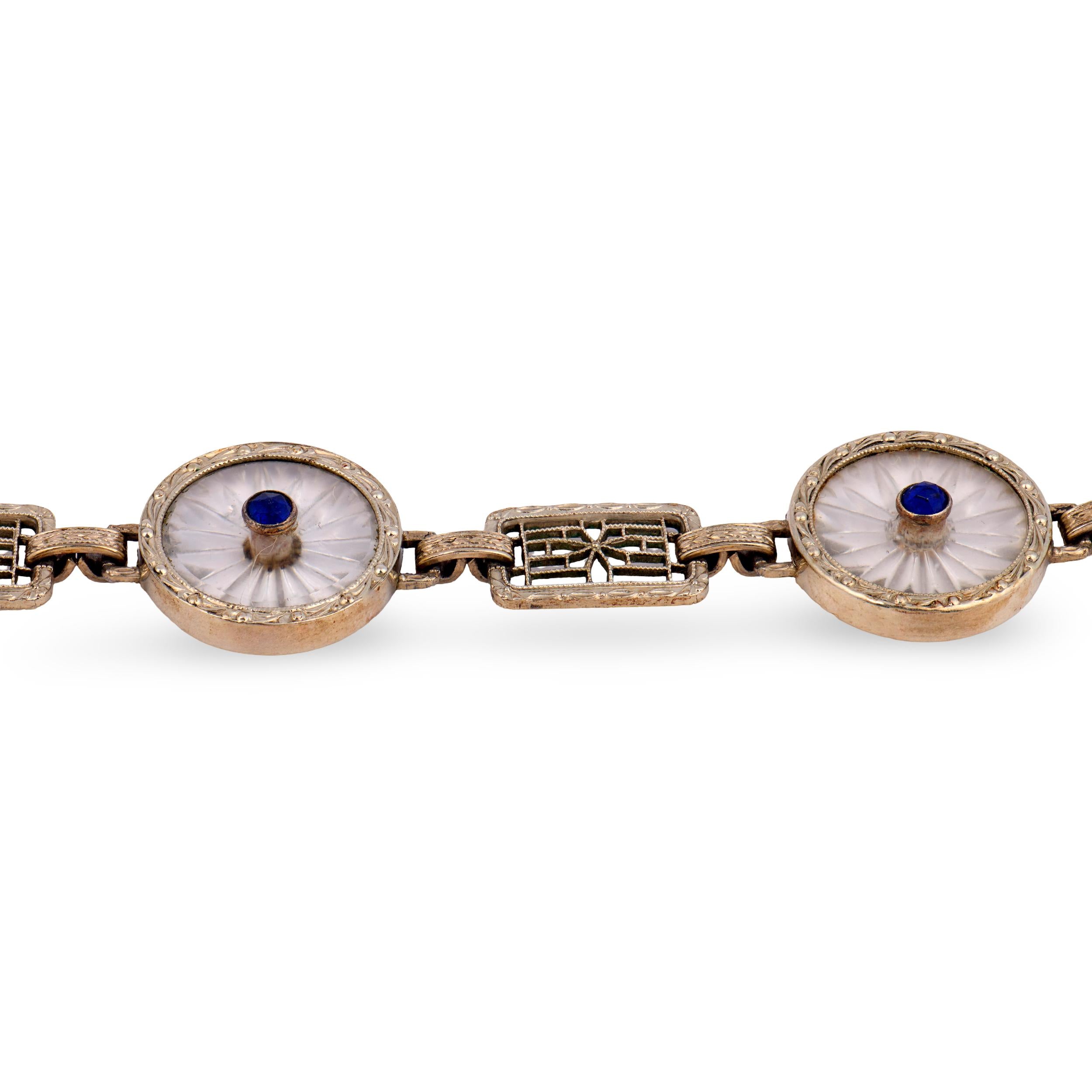KREMENTZ & CO. Art Deco 14k Rock Quartz Crystal & Sapphire Line Bracelet