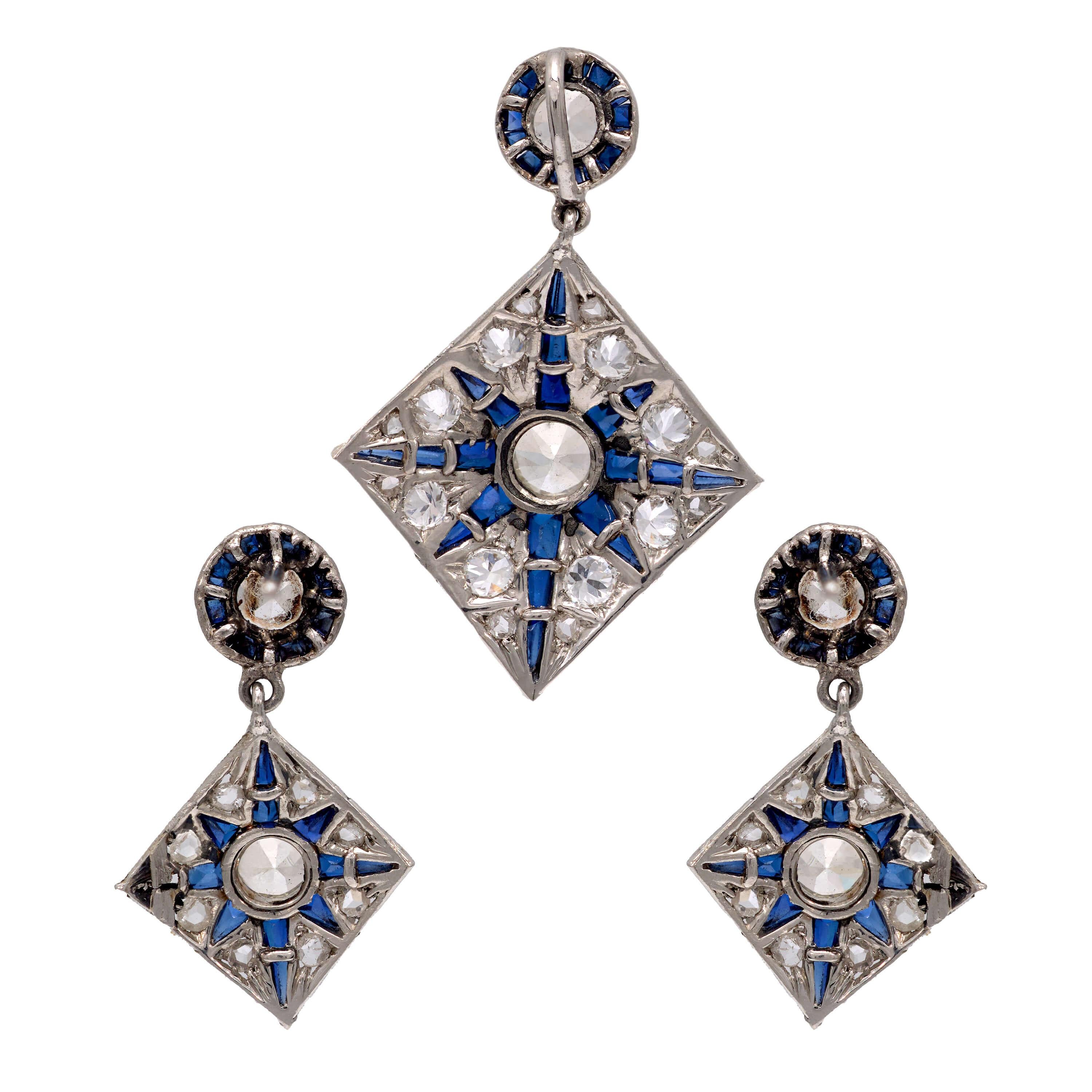 Edwardian Platinum Diamond and Sapphire Star-Motif Earring and Pendant Set