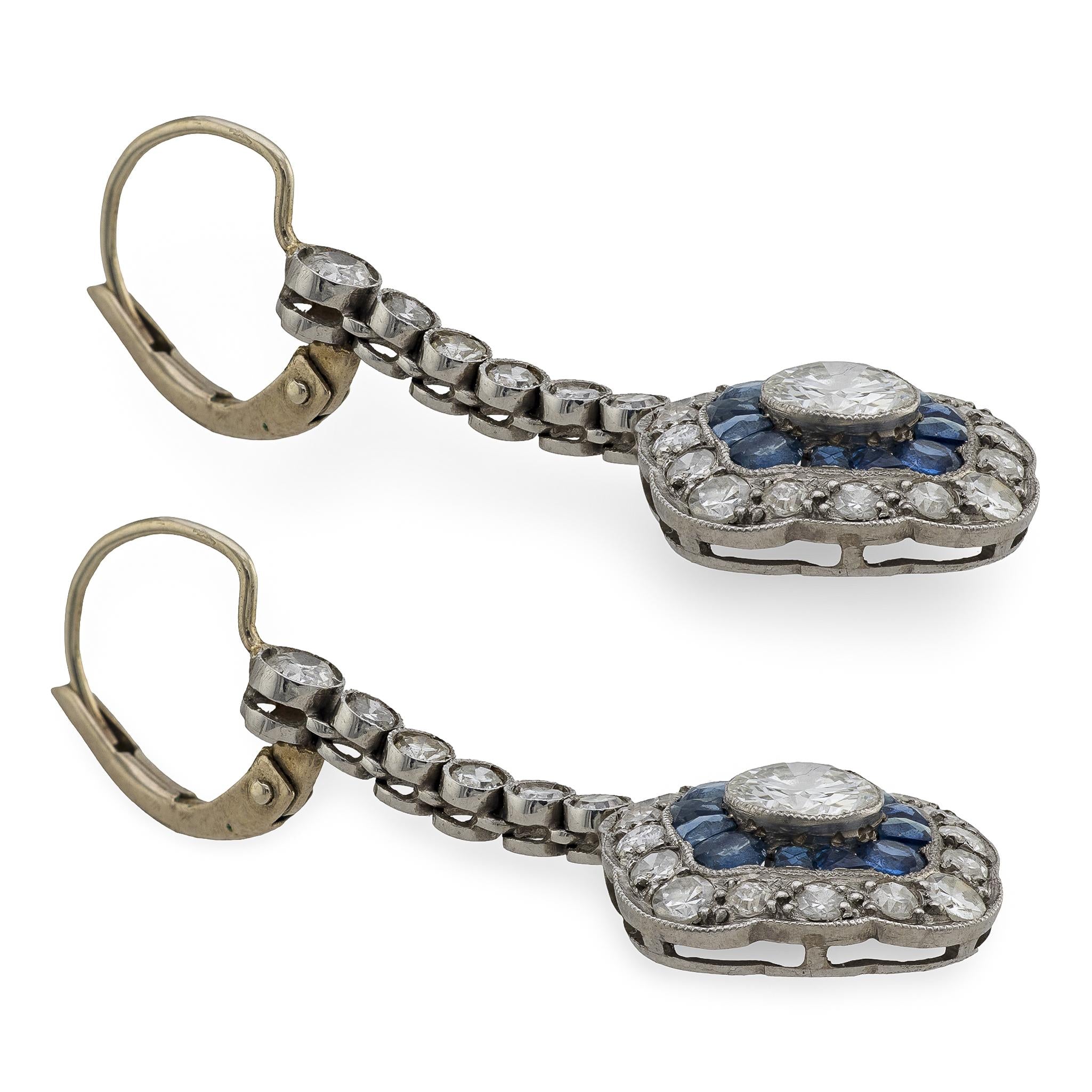Art Deco 14K/Platinum Diamond & Sapphire Dangle Earrings