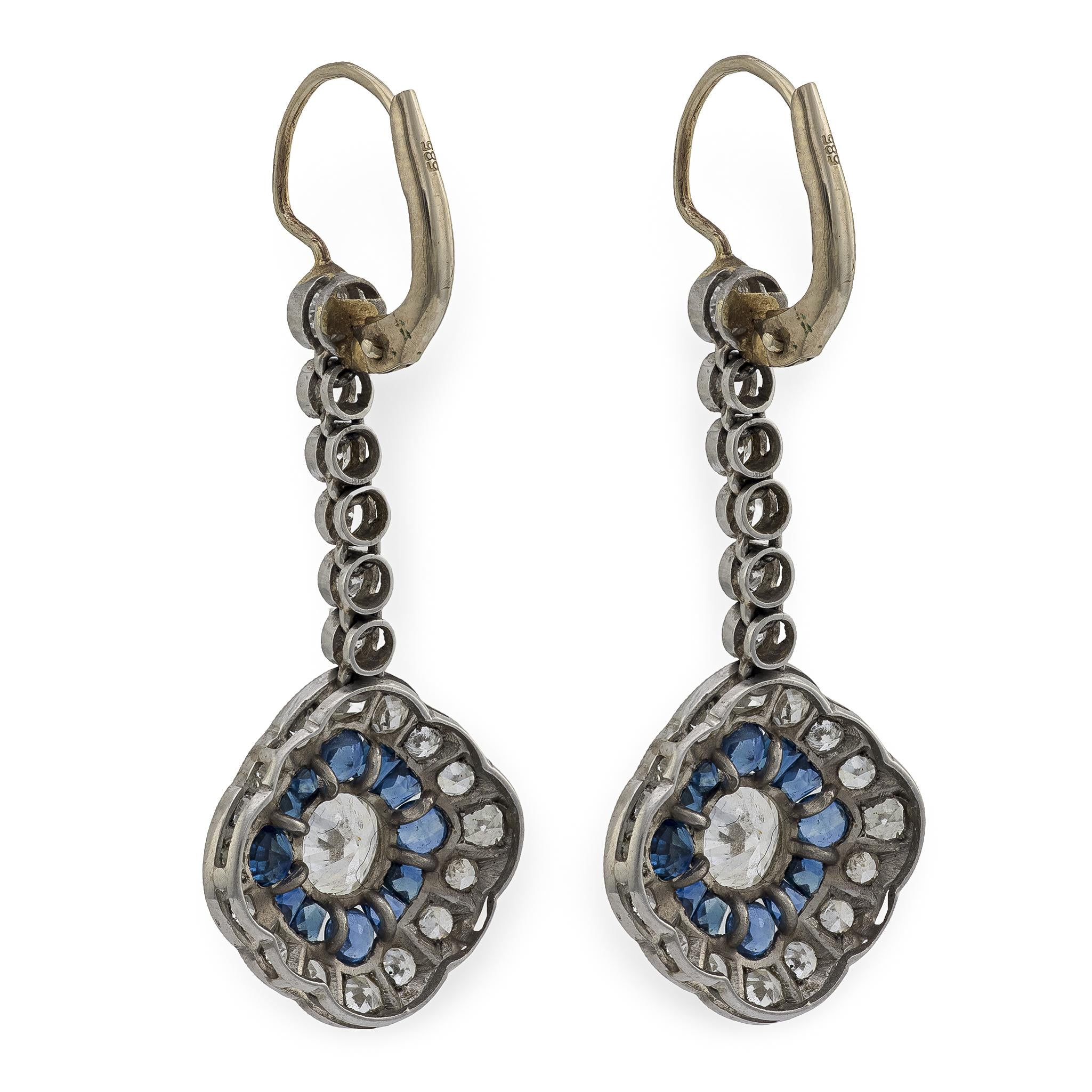 Art Deco 14K/Platinum Diamond & Sapphire Dangle Earrings