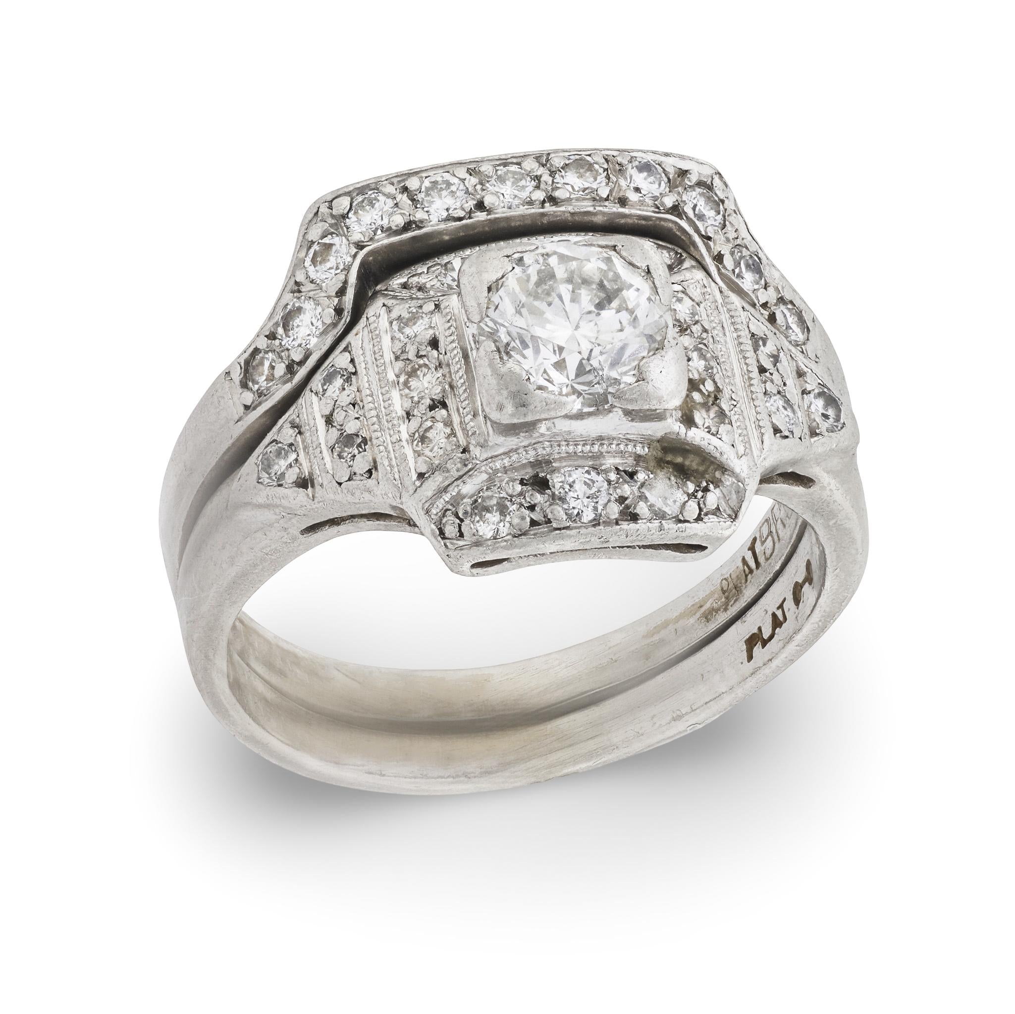 Art Deco Platinum Diamond Engagement Ring & Wedding Band Set .50ct