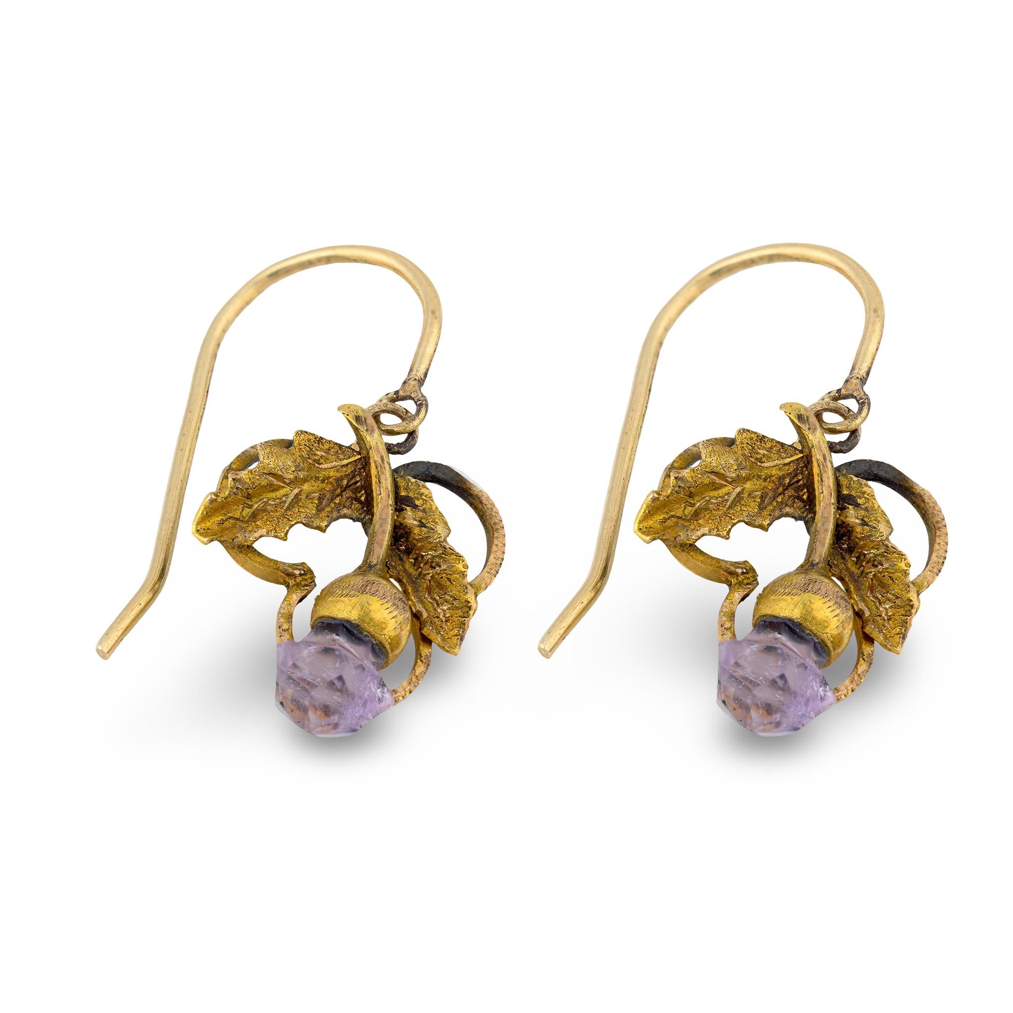 Victorian 14k Amethyst Trefoil & Foliage Motif Earrings