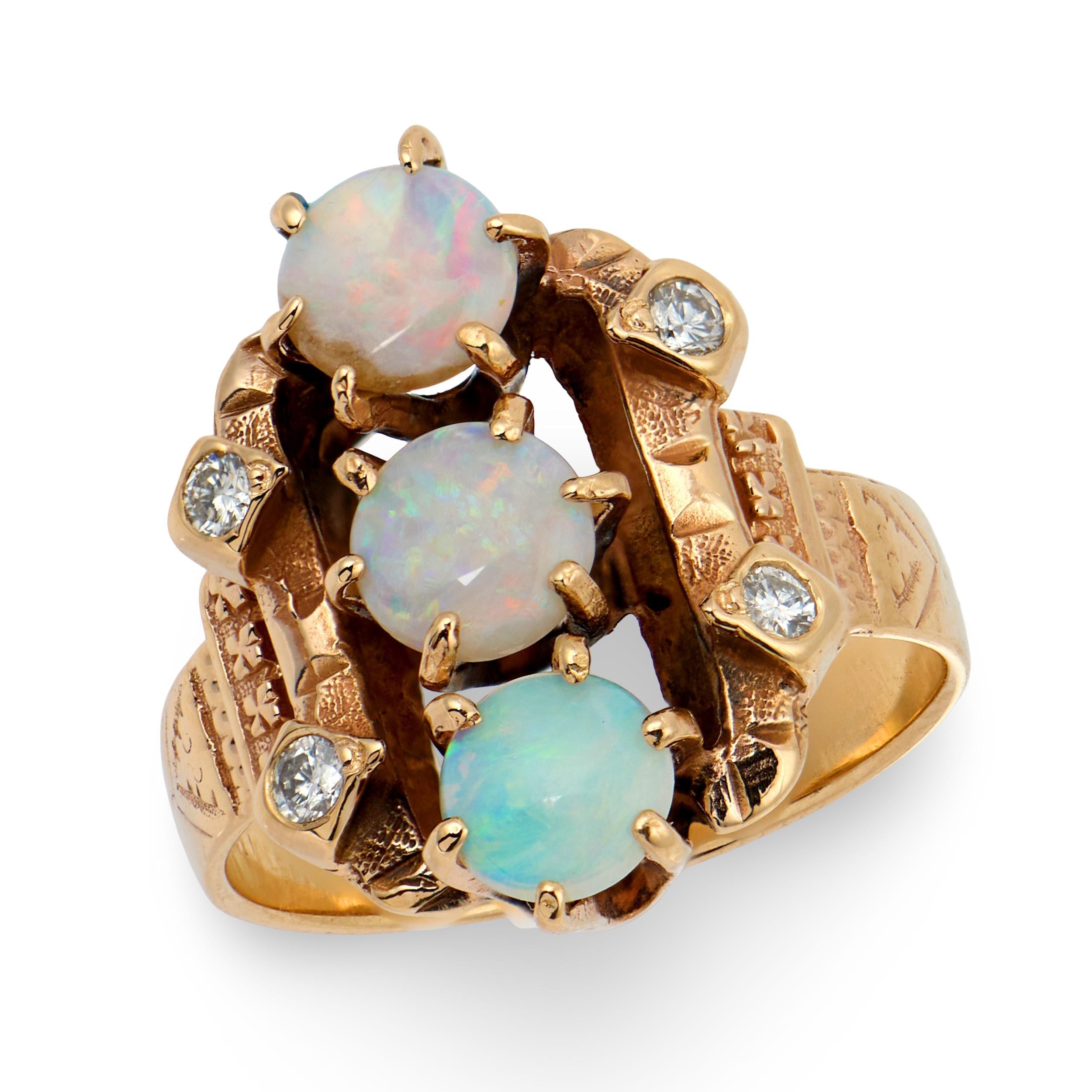 Art Nouveau 14k Opal & Diamond Navette Ring