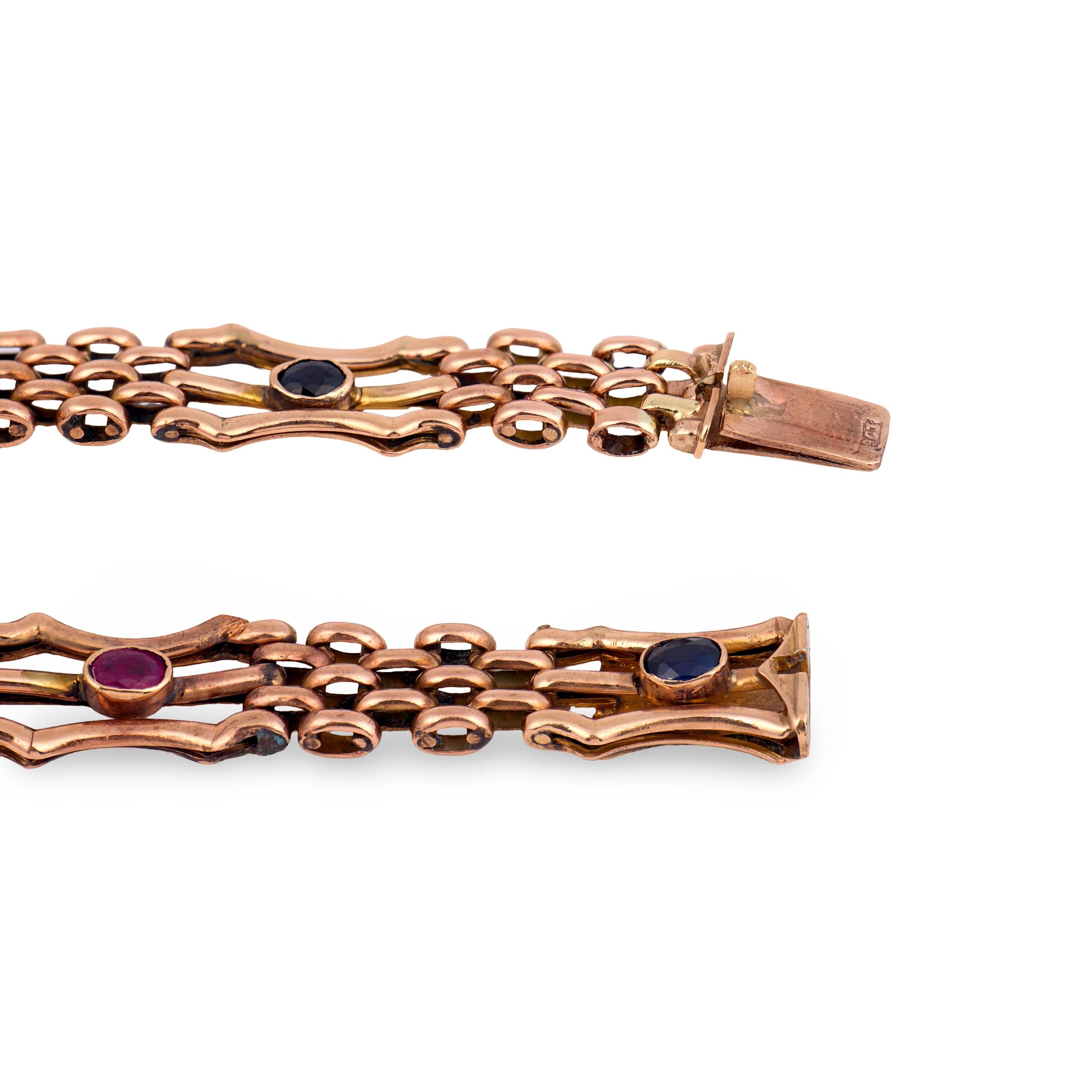 Victorian English 9k Tsavorite, Ruby, & Sapphire Bracelet