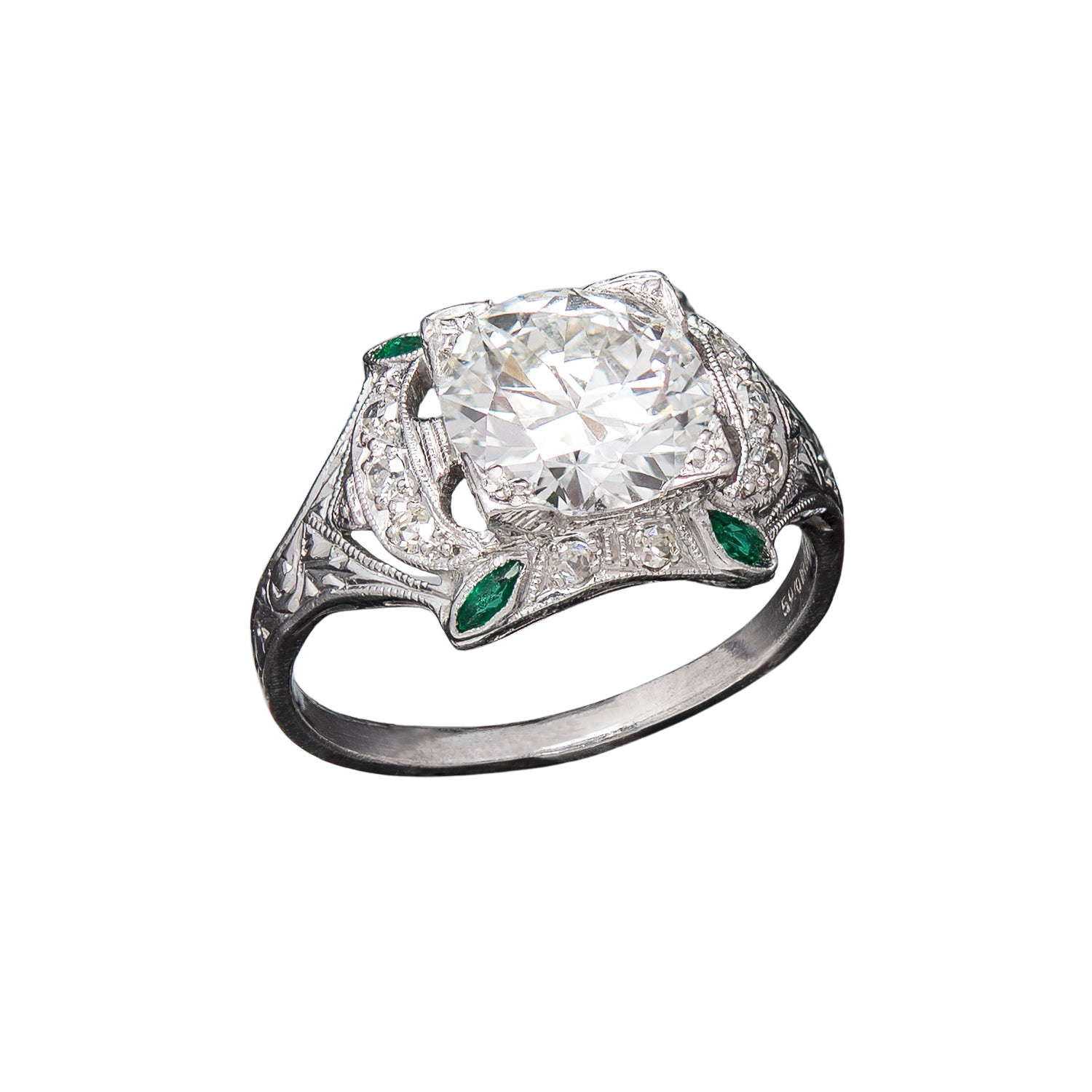 Art Deco Platinum Diamond + Emerald Engagement Ring 1.78ct