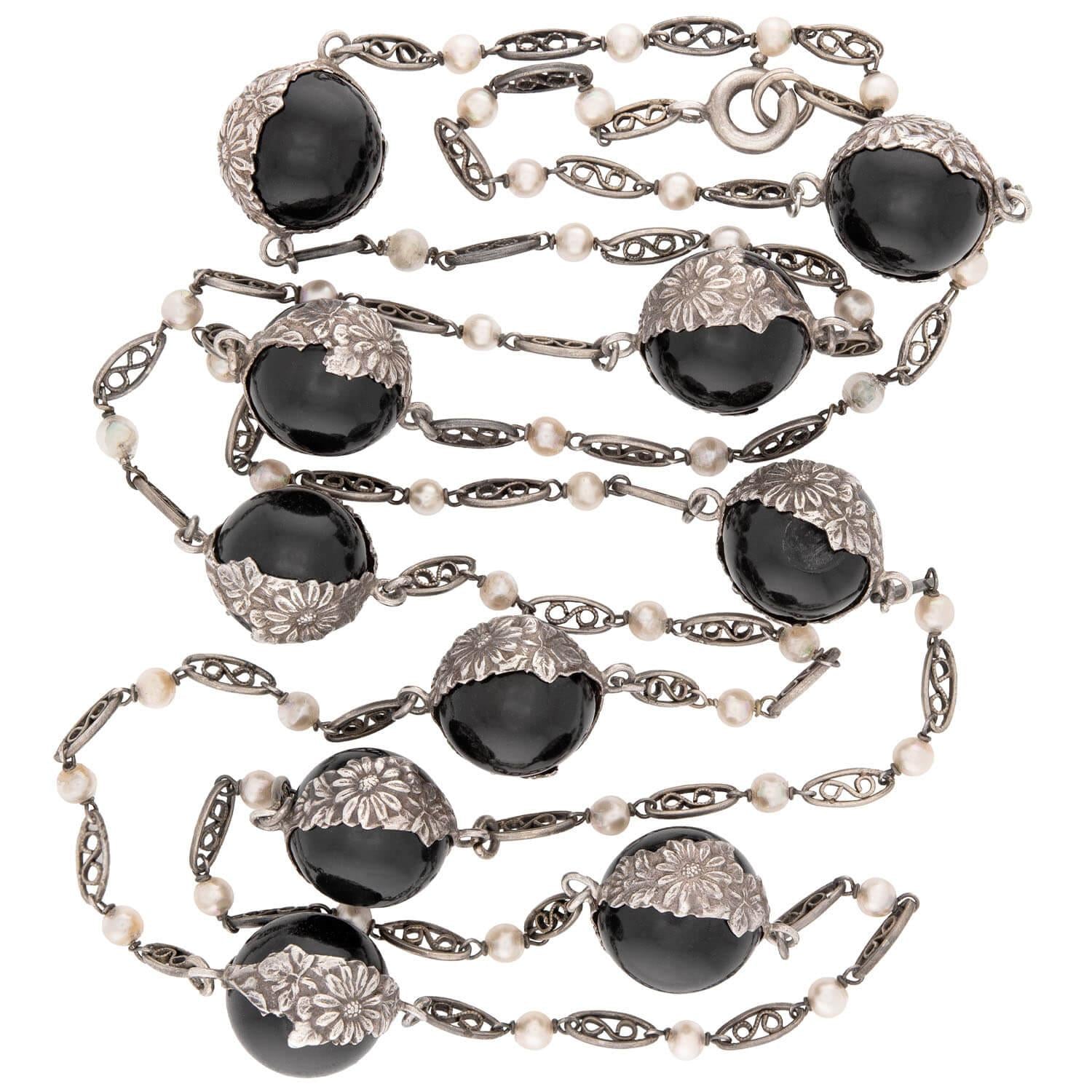Art Deco Sterling Silver Onyx Pools Of Light Chain Necklace 31"