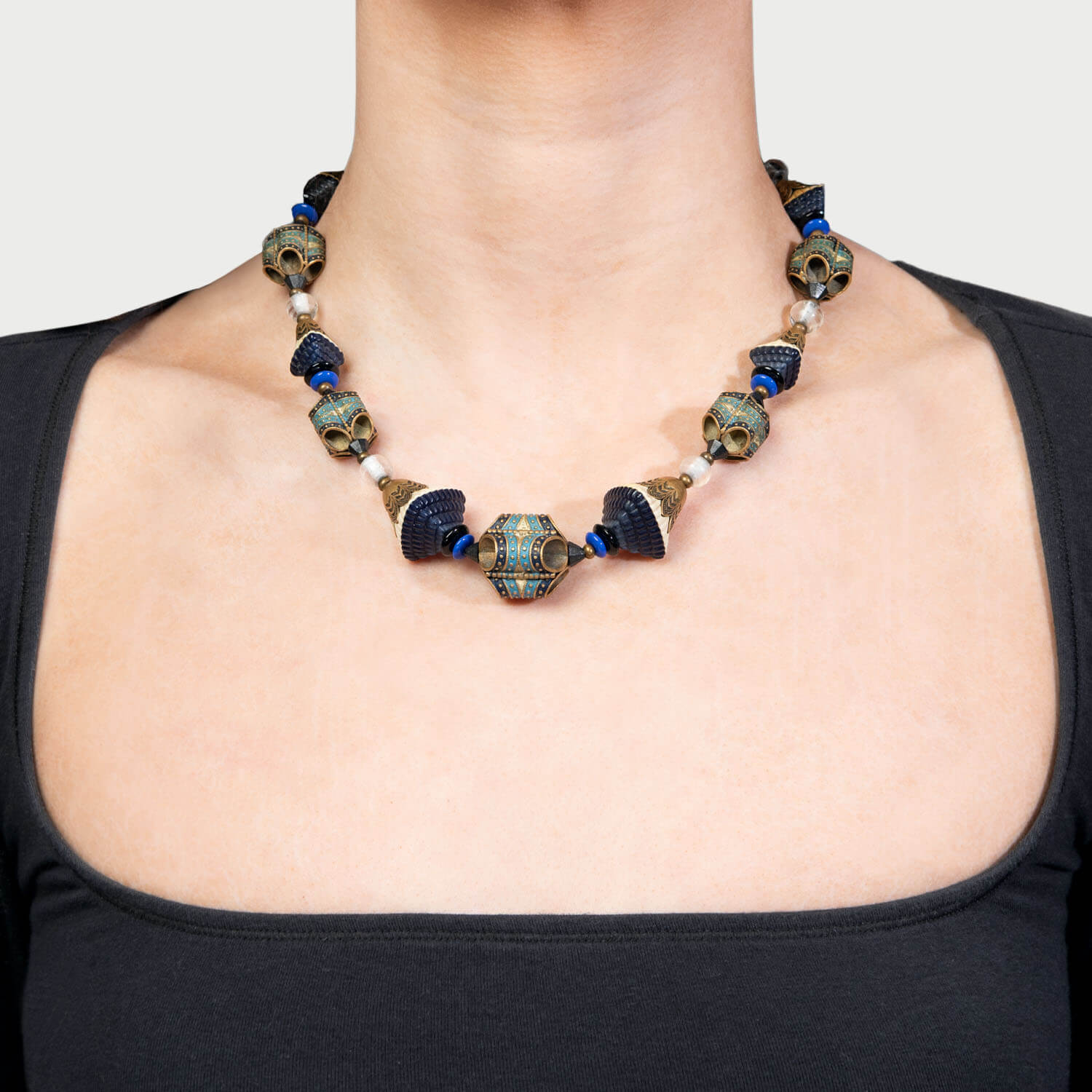 LOUIS ROUSSELET Vintage French Brass, Enamel, Crystal, and Glass Necklace