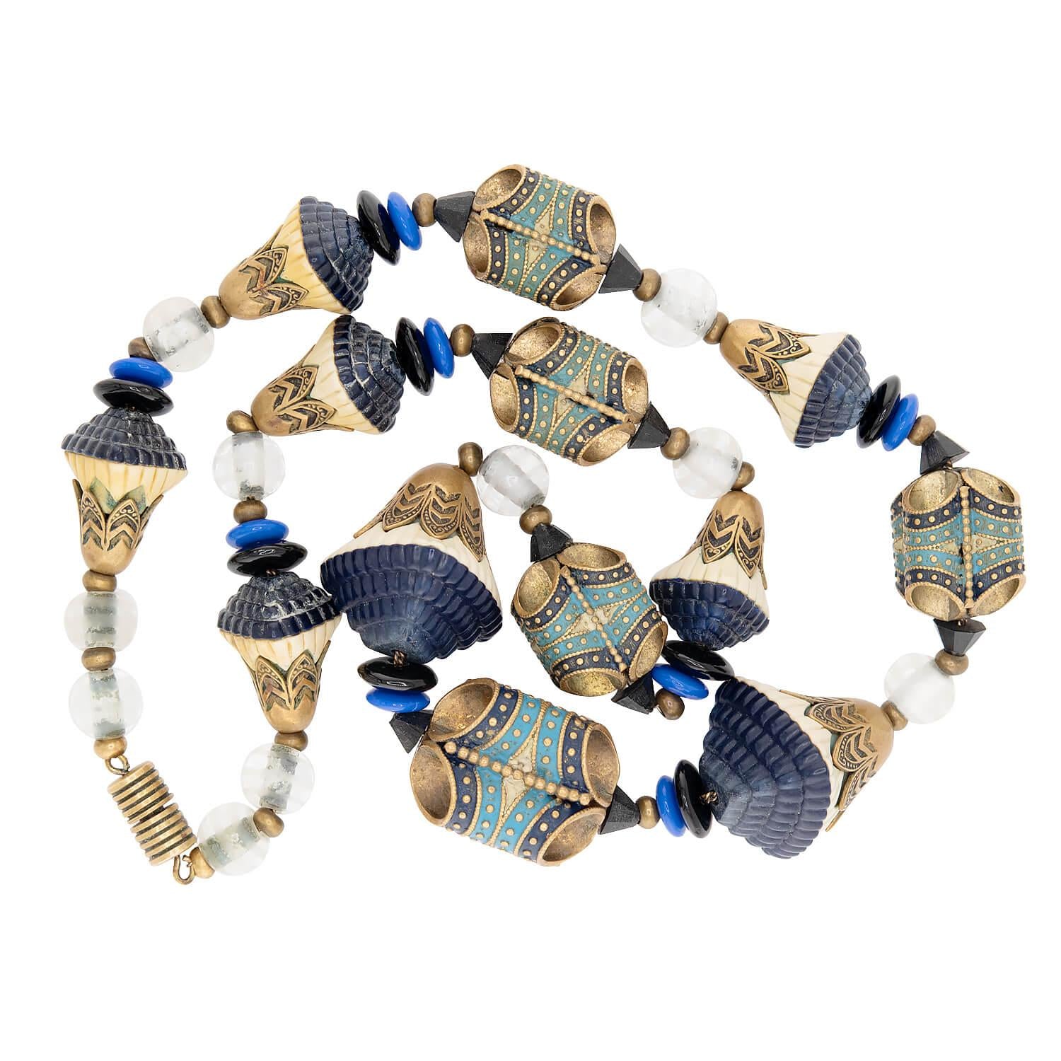 LOUIS ROUSSELET Vintage French Brass, Enamel, Crystal, and Glass Necklace