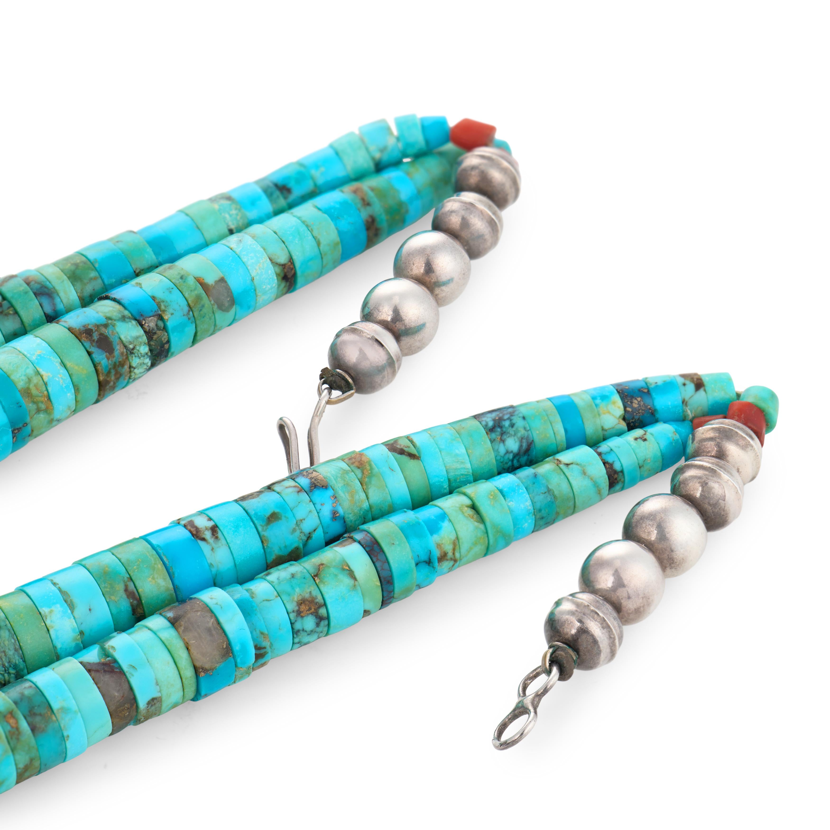 Vintage Sterling Silver Turquoise & Coral Heishi Bead Necklace