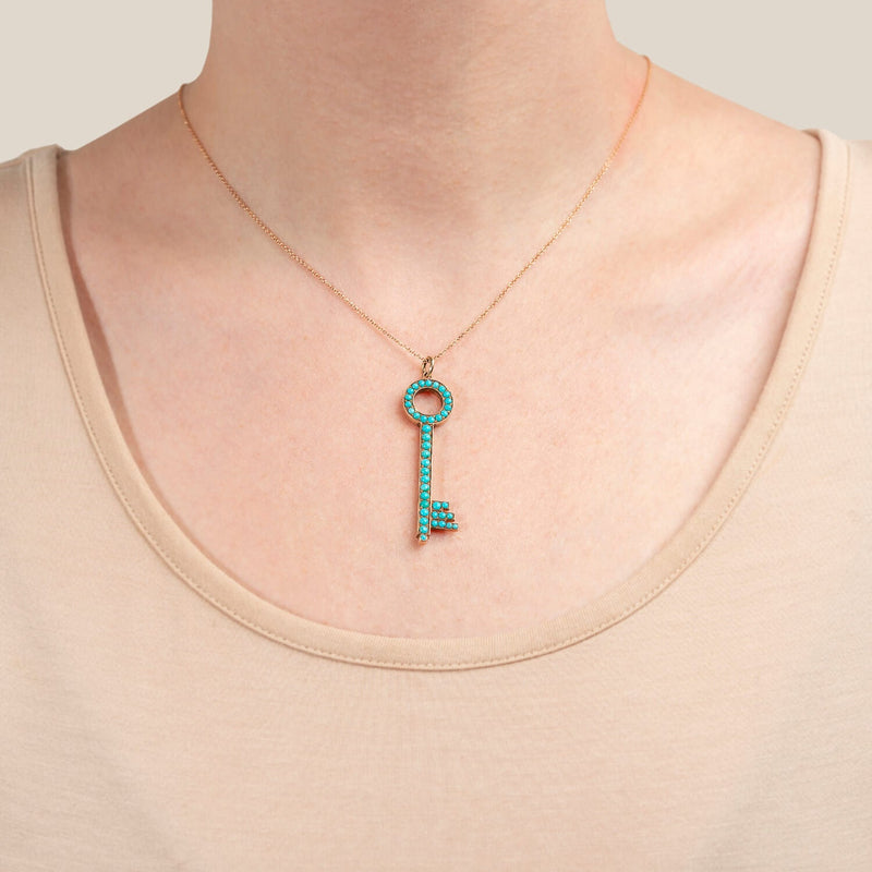 Victorian 14kt Rose Gold + Persian Turquoise Key Pendant Necklace