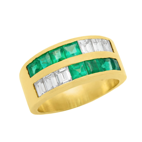 Estate 18k Diamond and Emerald Half Band Ring