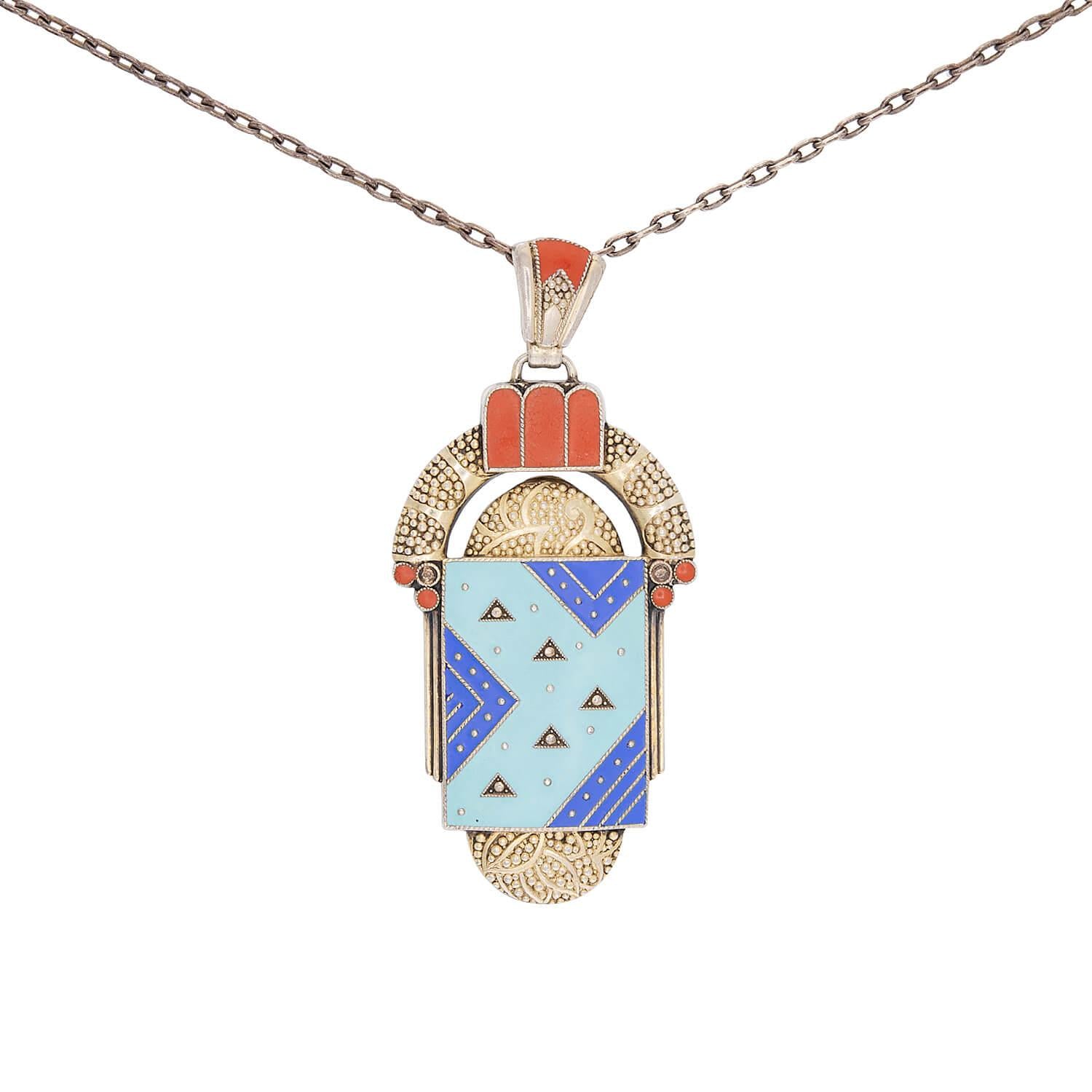 THEODOR FAHRNER-inspired Art Deco Sterling Silver and Enamel Pendant Necklace