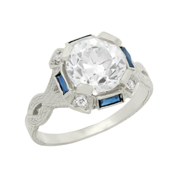 Art Deco 20k Sapphire Diamond Engagement Ring 1.97ct