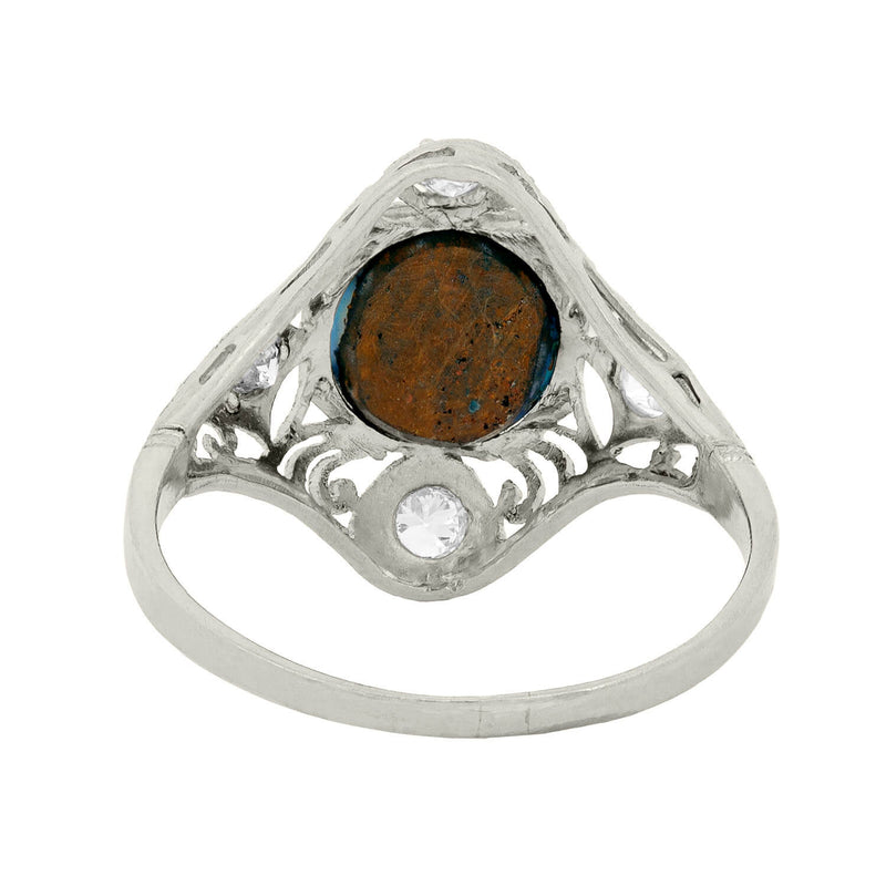 Art Nouveau Platinum Opal and Diamond Filigree Ring