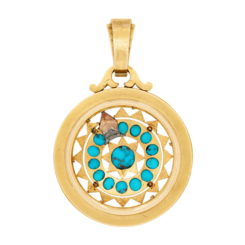 Victorian 14k Persian Turquoise and Diamond Starburst Pendant